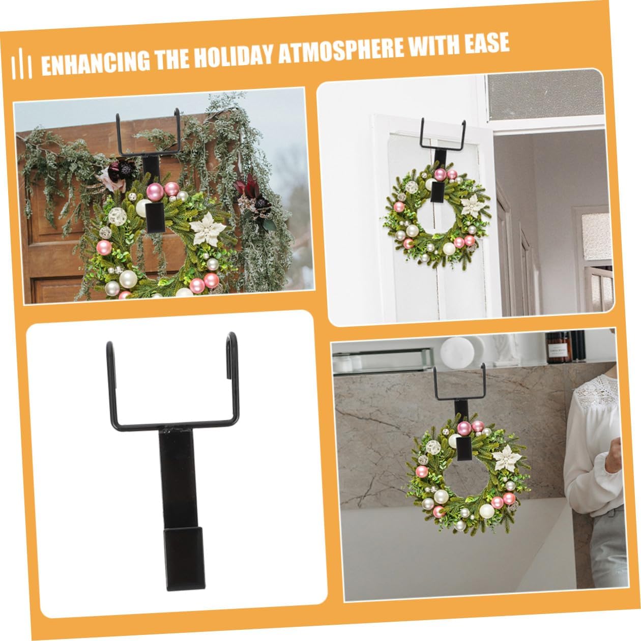 BESTYASH 4pcs Black Iron Christmas Wreath Hangers for Front Door, Double Hook Over-the-Door Garland Hooks, Decorative Door Hangers for Outdoor Holiday Decorations