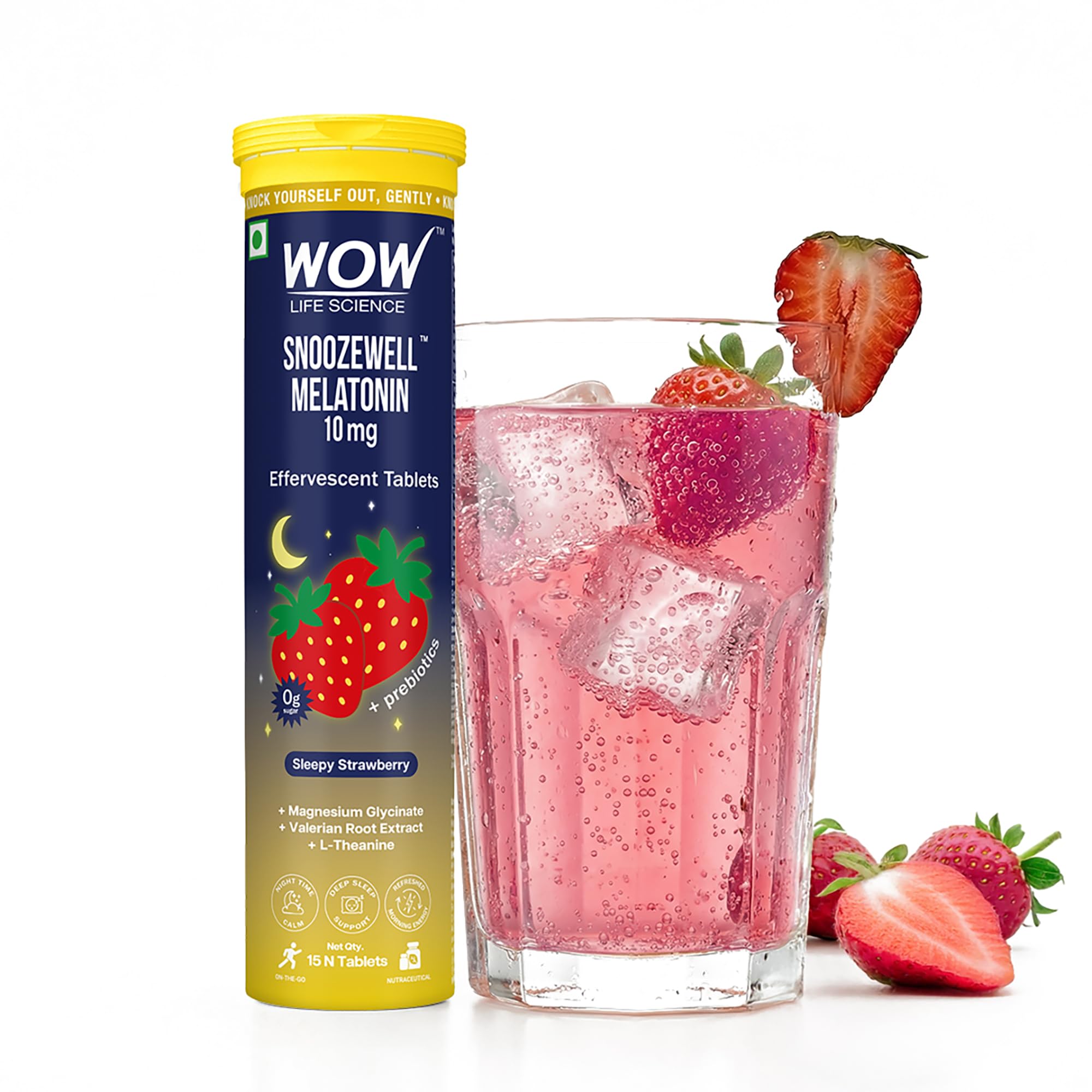 WOW Life Science Snoozewell Melatonin 10 mg Effervescent Tablets | Night-Time Sleep Drink with Magnesium Glycinate, Valerian & L-Theanine | Zero Sugar Gentle Sleep Support, Calm Mind & Deep Rest | Sleepy Strawberry | 15 Tablets