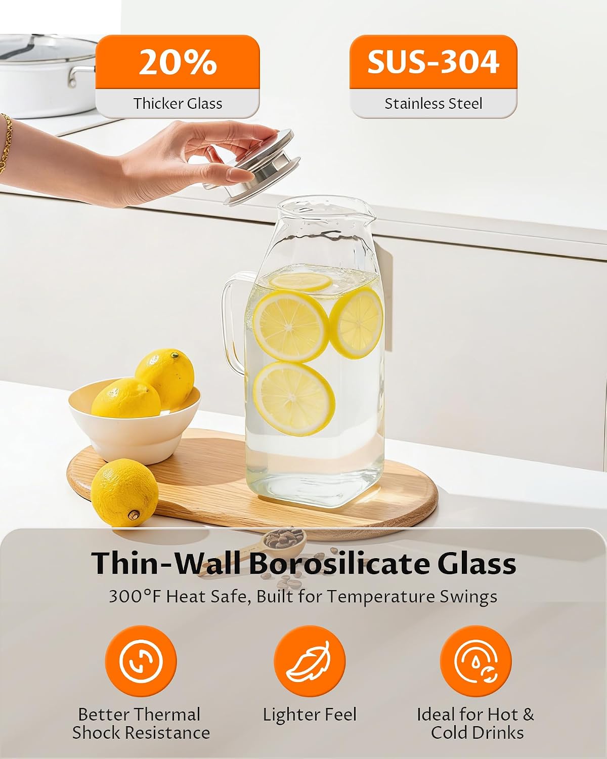 68oz Glass Pitcher with Lid, Borosilicate Glass Carafe with Filter