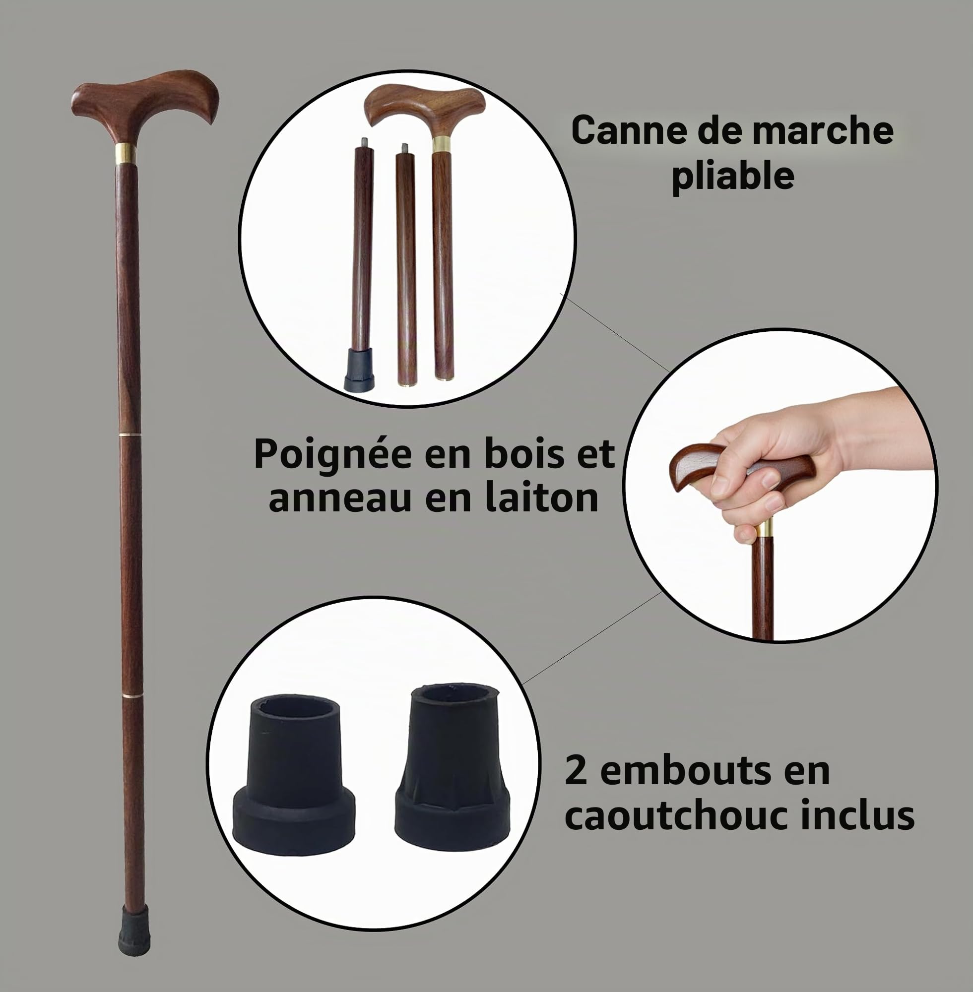 Canne de marche en bois faite à la main | Canne de marche avec poignée en laiton, 2 embouts en caoutchouc pour homme, femme, personnes âgées – 91,4 cm environ – Idée cadeau Galaxy Indiacraft