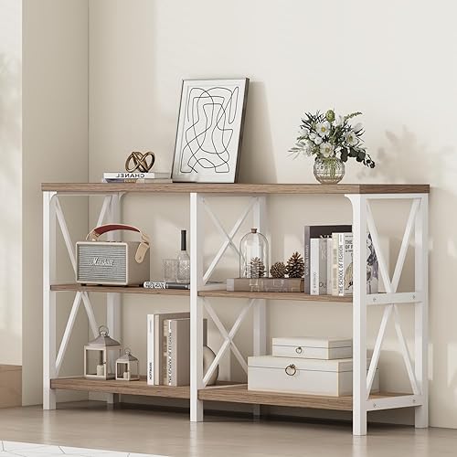 Miniatura 17 de IBF Mesa de entrada de granja, mesa consola larga rústica detrás del sofá, moderna mesa de sofá de madera de metal con estantes de almacenamiento,