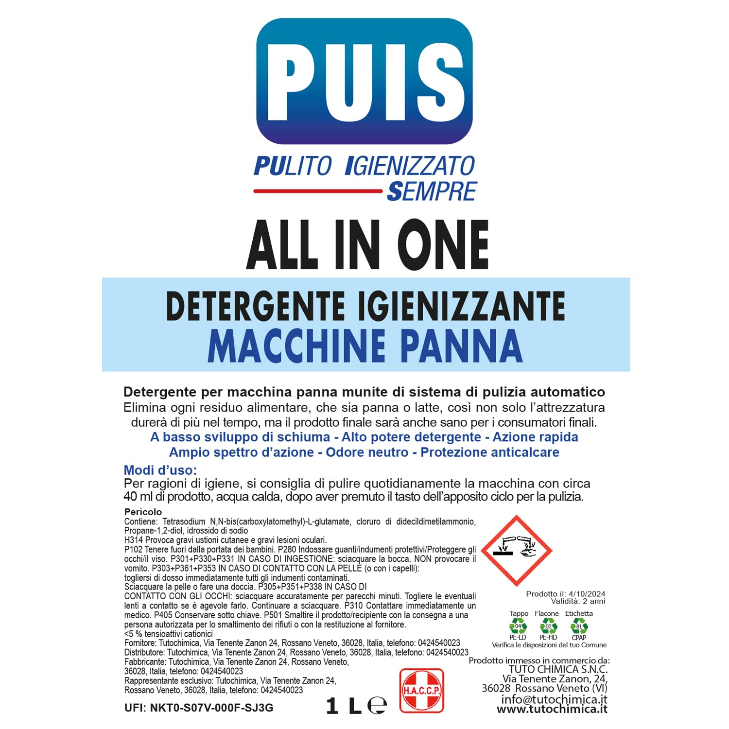 TUTO CHIMICA Detergente Igienizzante per Macchine Panna 1L, Scioglie Residui di Grasso e Proteine - Protezione Anticalcare