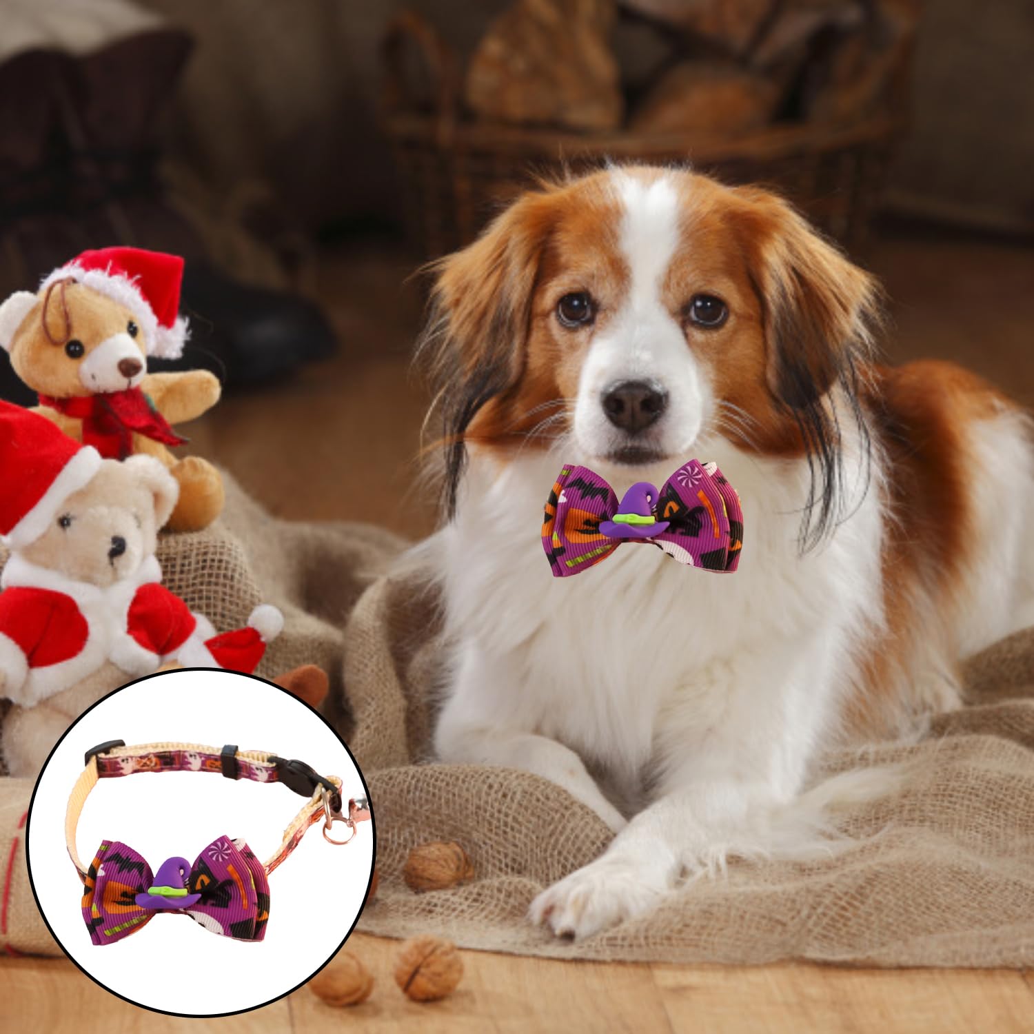 JNAWA 2Pieces Halloween Pet Collars Soft Collars with Bow Tie Ghost and Hat Pattern Collar Adjustable Pet Collar Decor for Dogs and Cats - Image 4