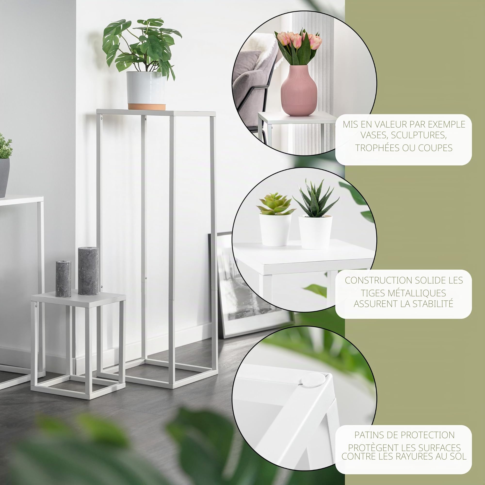 bremermann Lot de 3 tabourets à fleurs, support pour plantes en métal, idéal pour le salon, l'entrée et le bureau, pour la décoration et les plantes d'intérieur, en métal (Blanc)