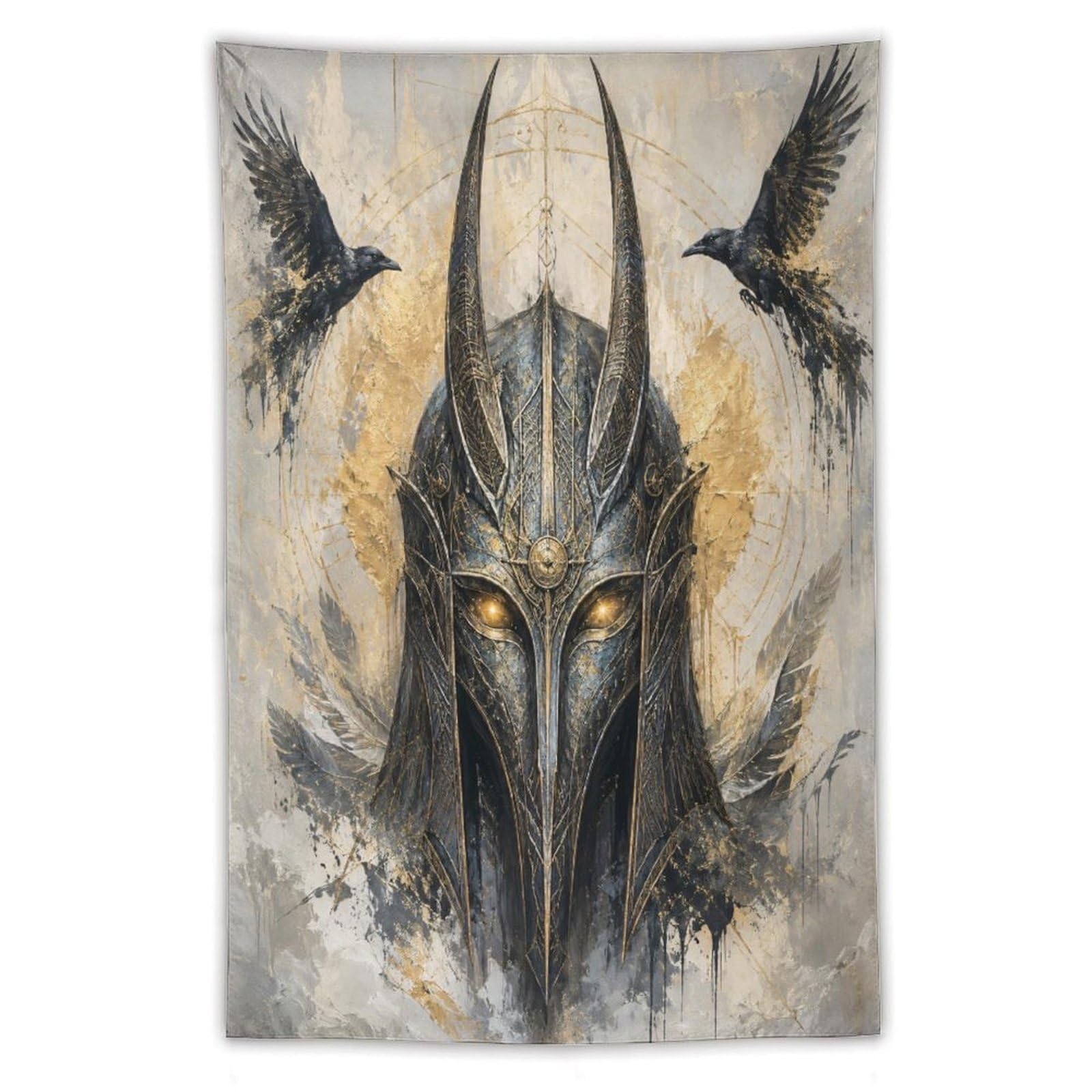 W7C8U2X3 Viking Helmet Twin Ravens Wall Tapestry, Nordic Warrior Symbol