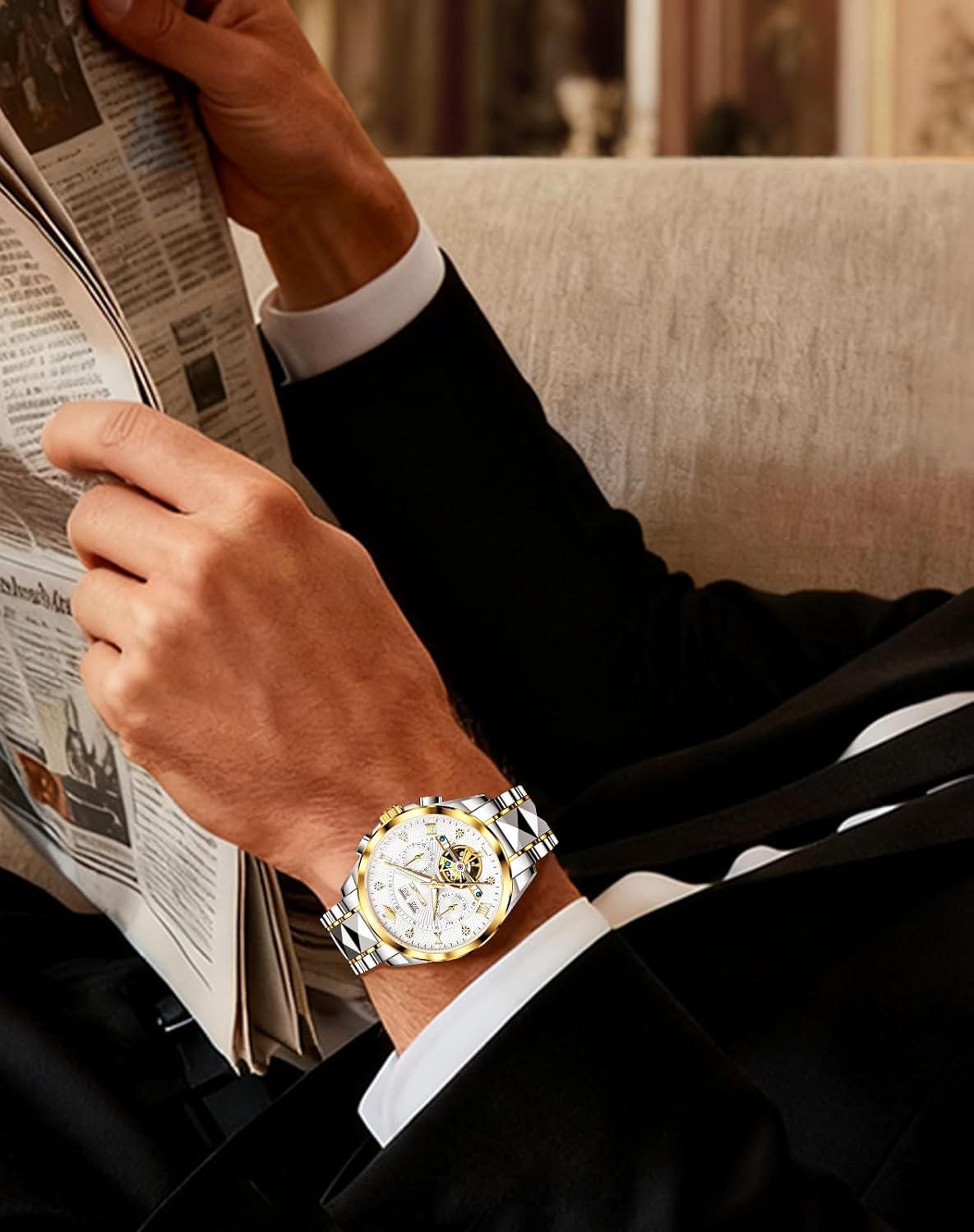 OLEVS Men Automatic Watch Diamond Skeleton Mechanical Original Luxury Self Winding Moon Phase Calendar Waterproof Wrist Watch for Men