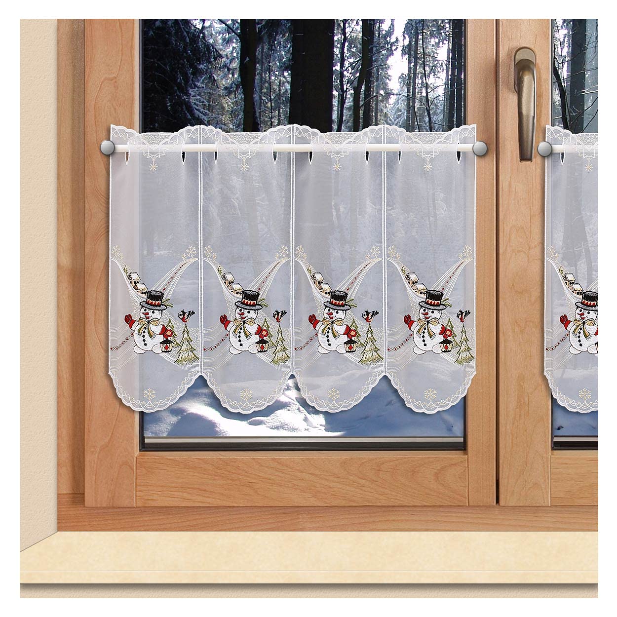 Bestickte Scheibengardine Fröhlicher Schneemann mit Vögelchen Winter- und Weihnachtsdeko aus Plauener Spitze 40 x 144 cm