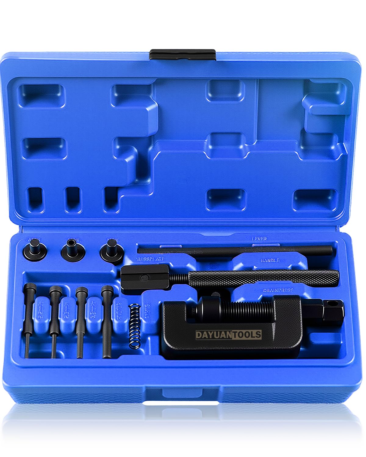 DAYUAN Juego de 13 piezas cortacadenas para motocicleta, herramienta de extracción de cadena, cortador de cadena y kit de remachadora para leva y cadenas de 25 a 630 con estuche de transporte azul