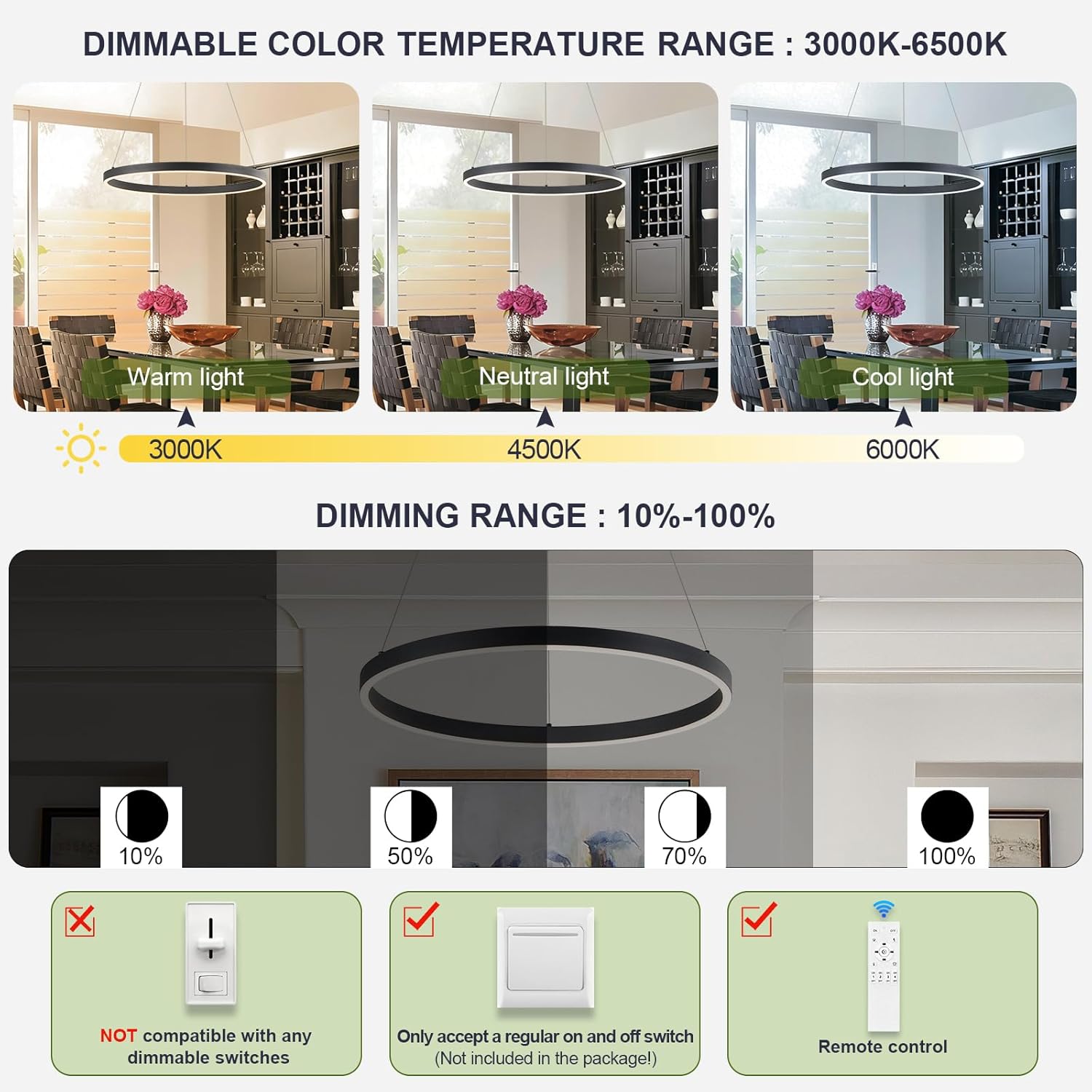 Benku Modern LED Ring Chandelier Black Circular Pendant Light Fixture Dimmable Round Hanging Light with Remote LED Chandelier for Dining Room Kitchen Island Living Room, D23.6in