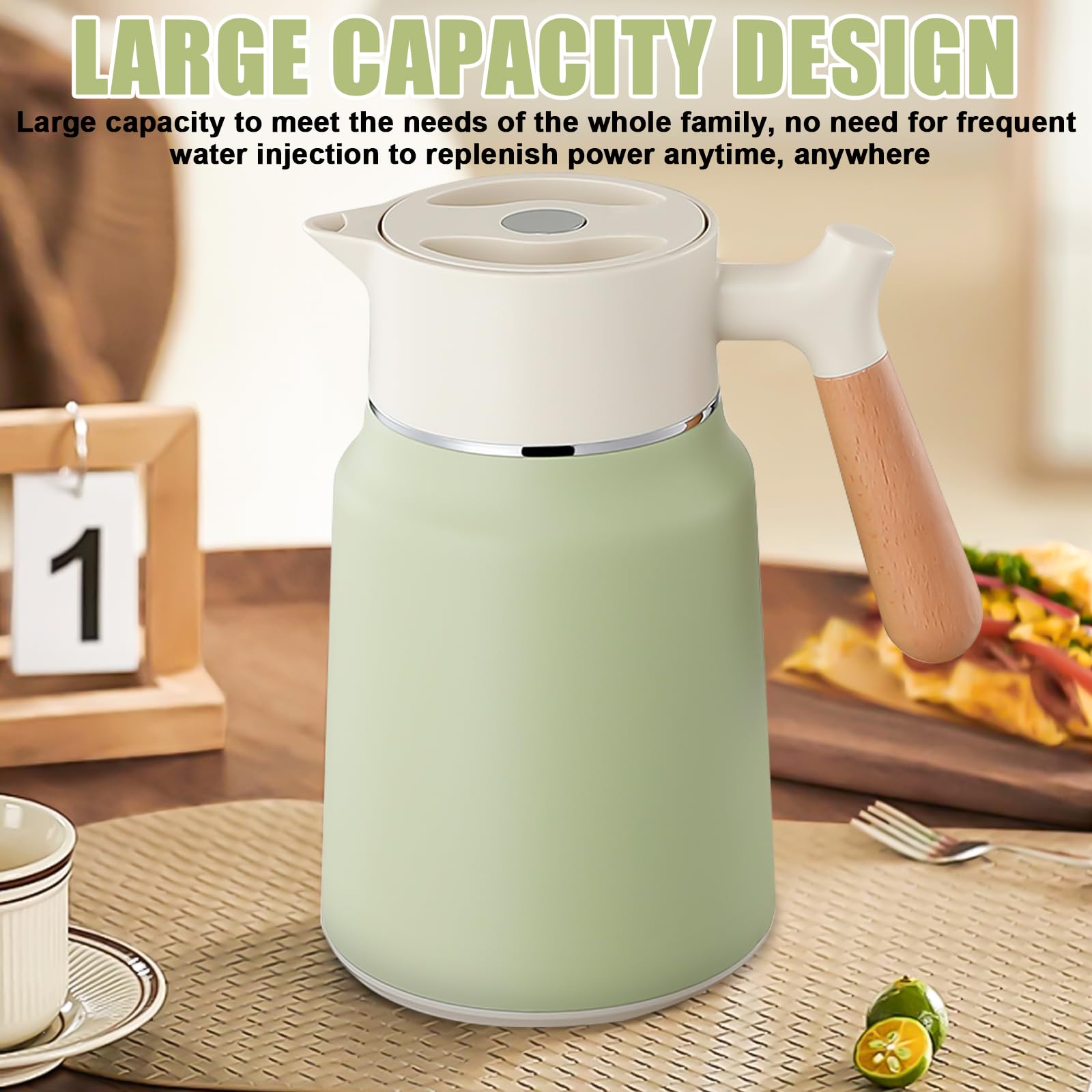 Cafetière isotherme en acier inoxydable de 1,5 l - Double paroi d'isolation sous vide - Avec poignée aspect bois - Pour eau, café, thé, boisson (blanc + vert)