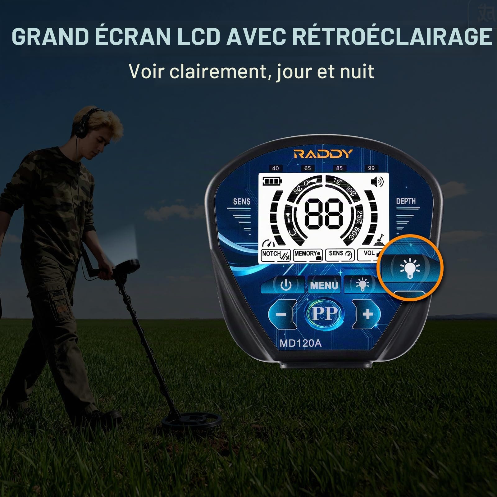 Raddy MD120A Détecteur de Métaux Professionnel pour Adultes, Haute Précision, 4 Modes, Bobine Étanche 10", Écran LCD Rétroéclairé, Casque, Sac et Pelle pour Chasse au Trésor