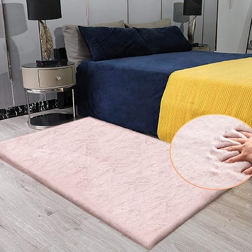 Miniatura 2 de Alfombra de piel sintética de conejo esponjosa rosa para sala de estar, alfombra lavable para dormitorio, alfombra de 3 x 5 pies