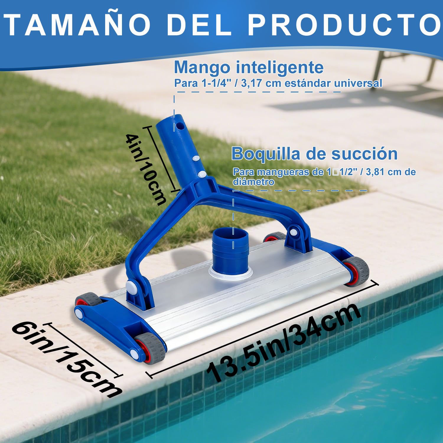 Cepillo para Piscina con Conexión de Aspiración 34 cm de Aluminio con 4 Ruedas, Cabezal Aspirador de Piscina Pesado 2,2 kg para Manguera de 38 mm, Cepillo Aspirador para Piscinas Elevadas y Enterradas — view 2