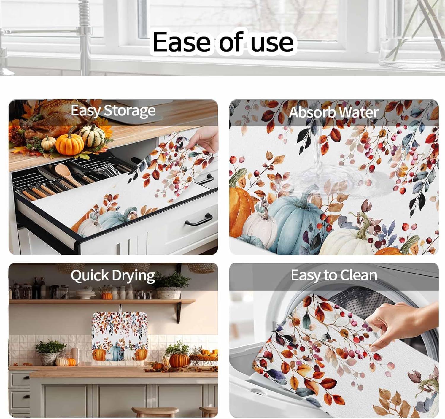 Fall Orange Blue Pumpkins Dish Drying Mat for Kitchen Counter, Vintage Thanksgiving Baby Bottle Microfiber Drying Pad, Weeping Botanical Absorbent Coffee Cup Dishes Drainer Mats 18"x24"