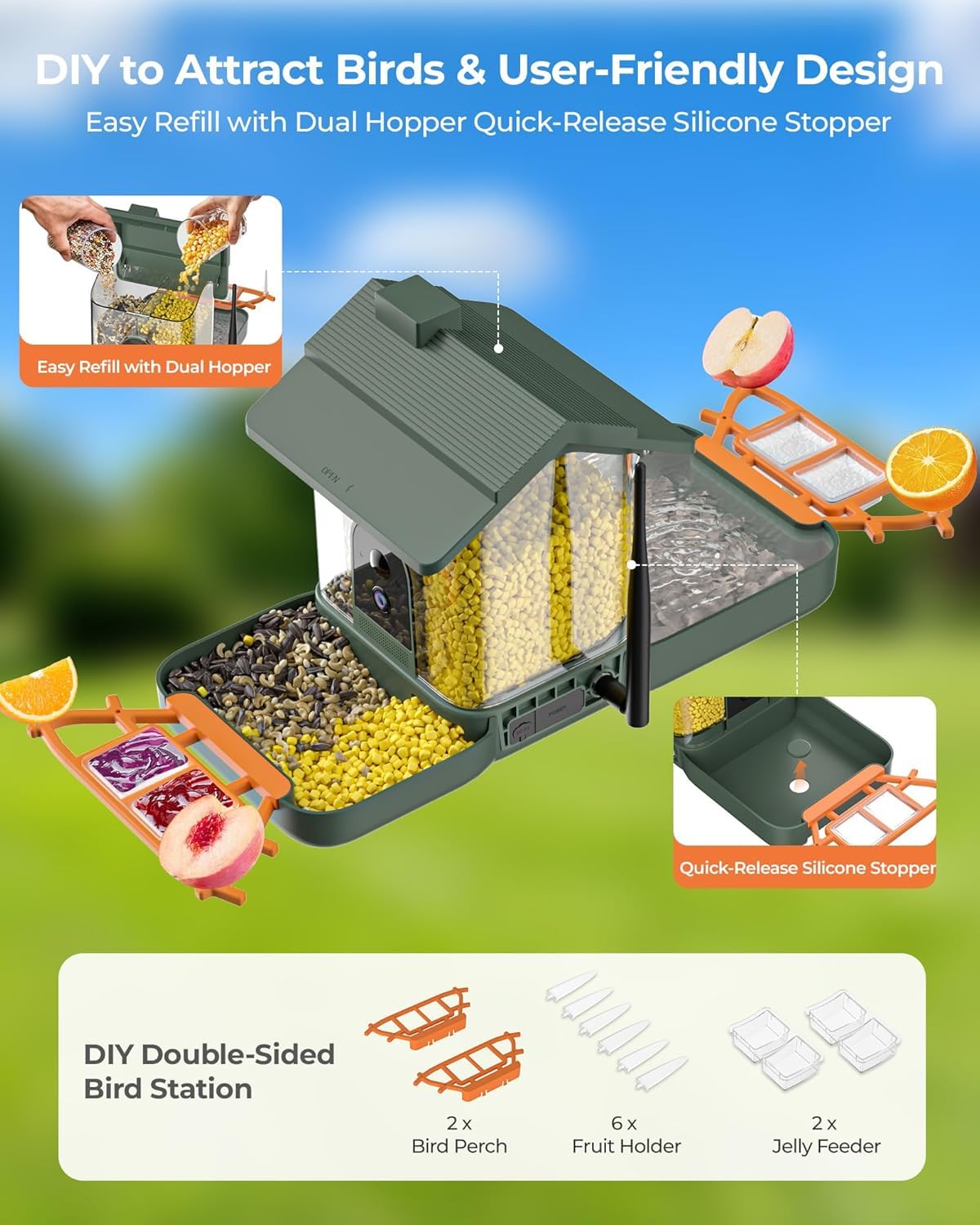 Vasca per uccelli e mangiatoia per uccelli 2 in 1 con telecamere, alimentazione solare 2K, doppia fotocamera, mangiatoia per uccelli e vasca per esterni, giardino, regalo per papà, mamma, bambini