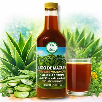 Maguey JugoJuice w/ Aloe Vera & 6 Herbs Sabila y 6 Hierbas1000 ml 1 L Pure Agave Juice 100% Artisanal, Vegan, Non-GMONatural Digestive Support Rich in Vitamins B2, B3 & C, Iron,Calcium,Magnesium & Zinc Hecho en Mexicoby High Supreme