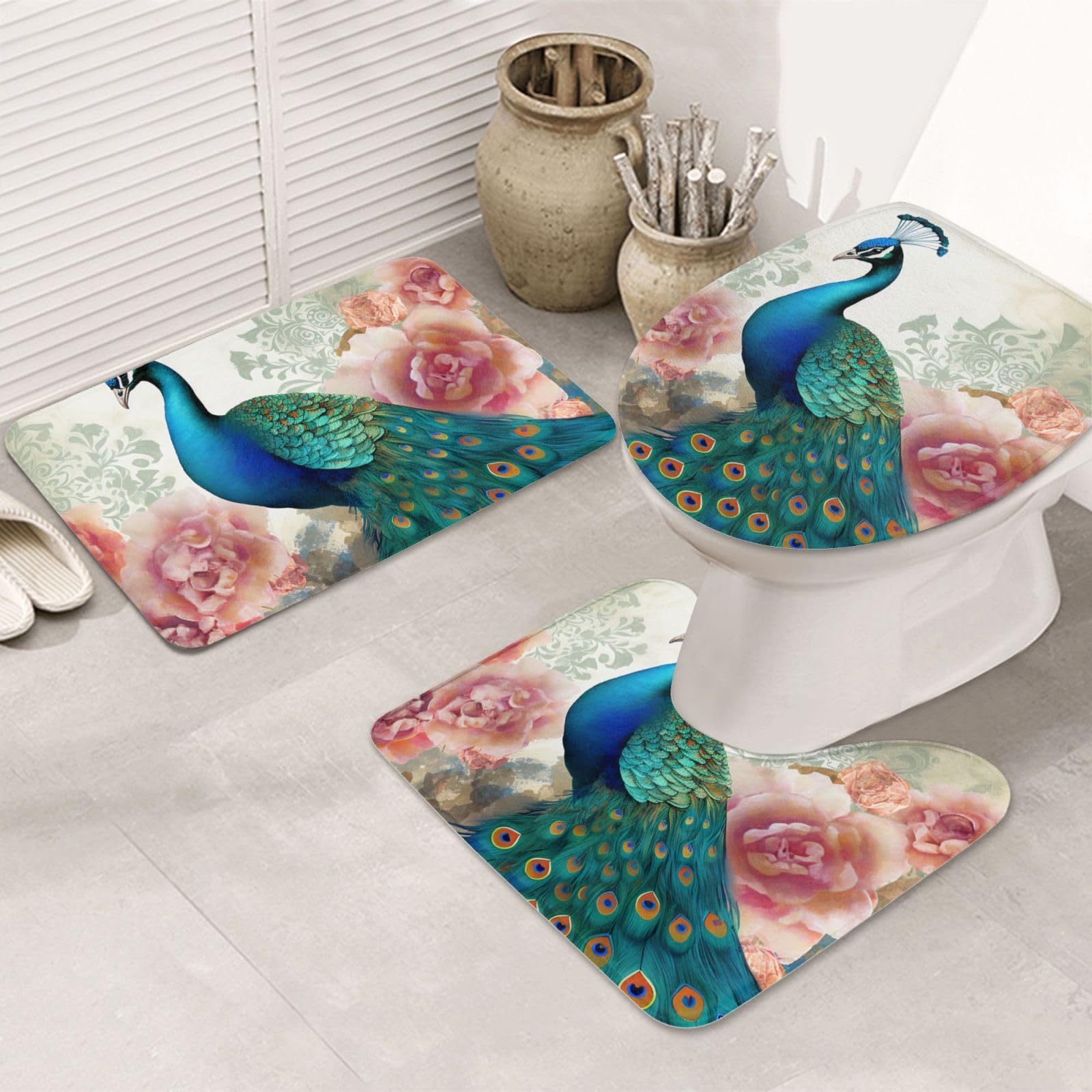 Tapis contour et housse de toilette en flanelle douce lot de 3 éléments paon