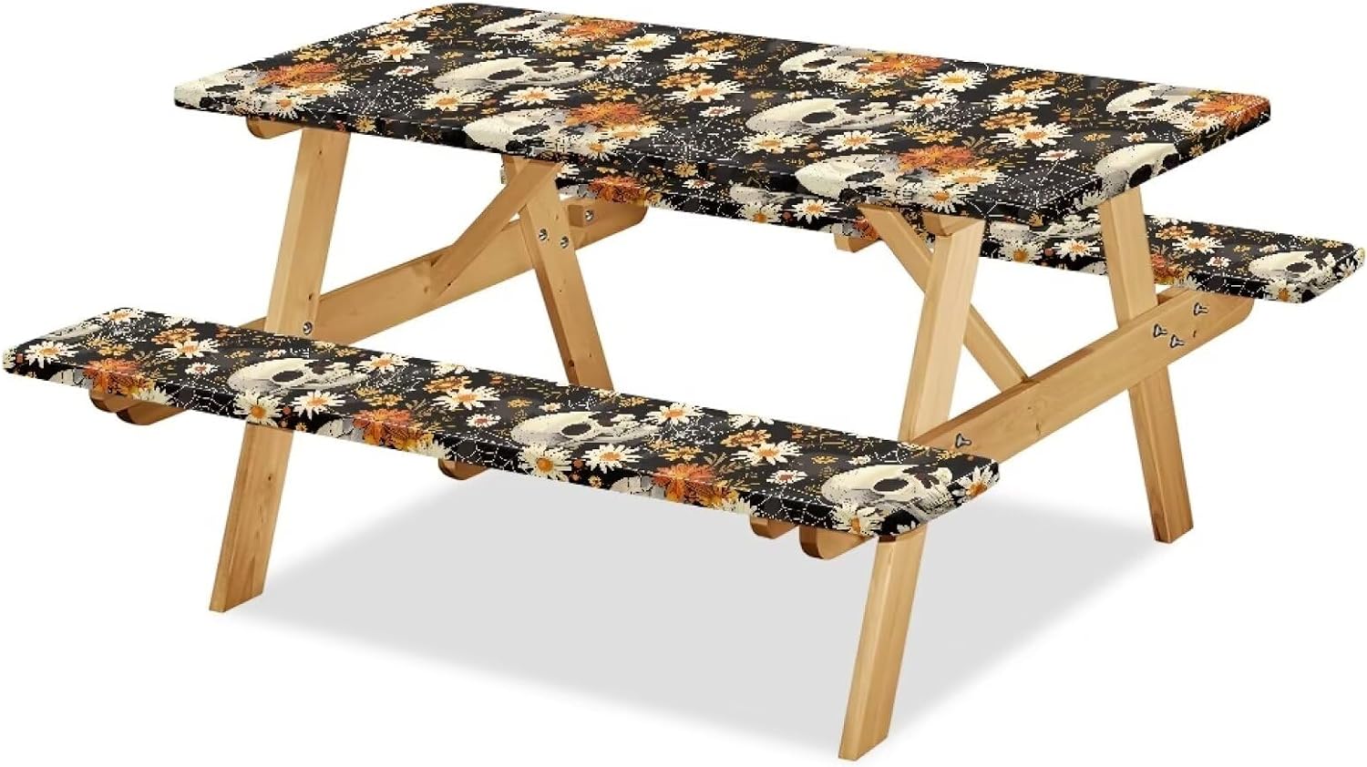 Skull Waterproof Picnic Table Cover and Bench Covers Fitted Tablecloth Cover with Elastic Straps Rectangle Picnic Tablecloth Camping Accessories for Outdoor