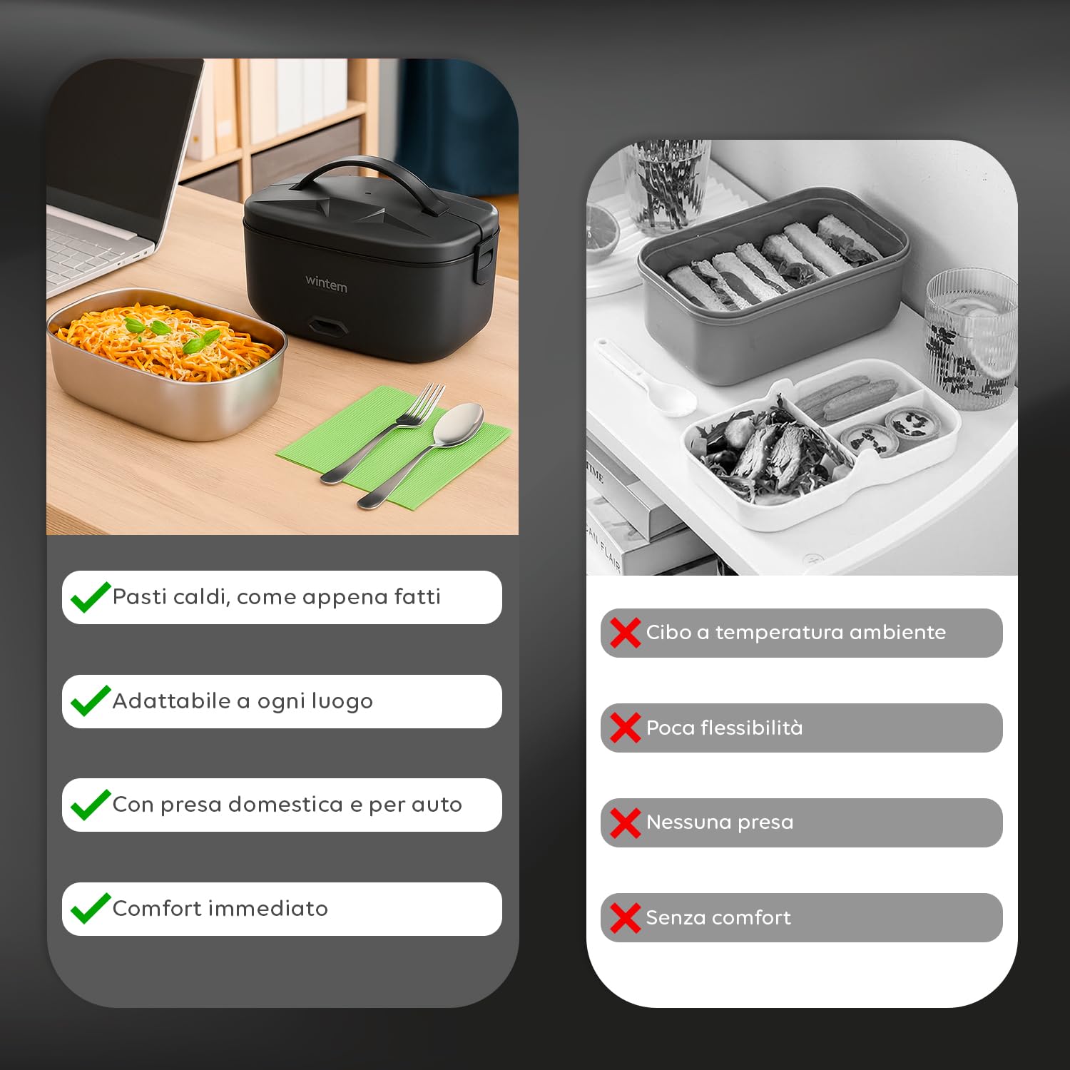 Wintem - Porta Pranzo Lunchy+ 3 in 1 Elettrico in Acciaio Inox con Posate, Scaldavivande da 80W Termico per Casa, Ufficio e Auto, Contenitori Ermetici e Doppia Presa 220V/12V