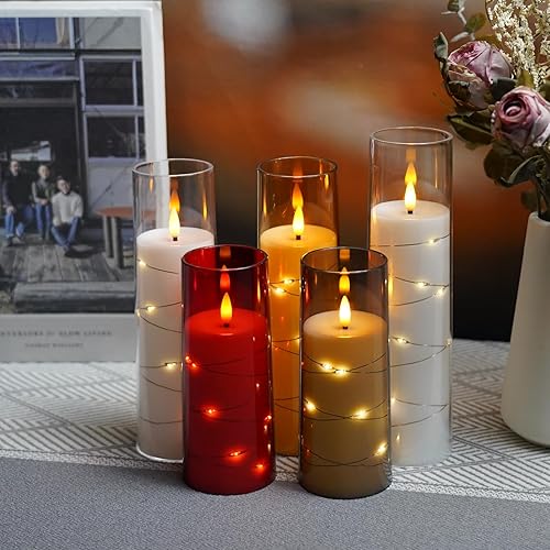 Miniatura 6 de Velas sin llama, funcionan con pilas, 5 velas LED acrílicas parpadeantes con control remoto, con cadena de estrellas incrustada, vela de pilar sin