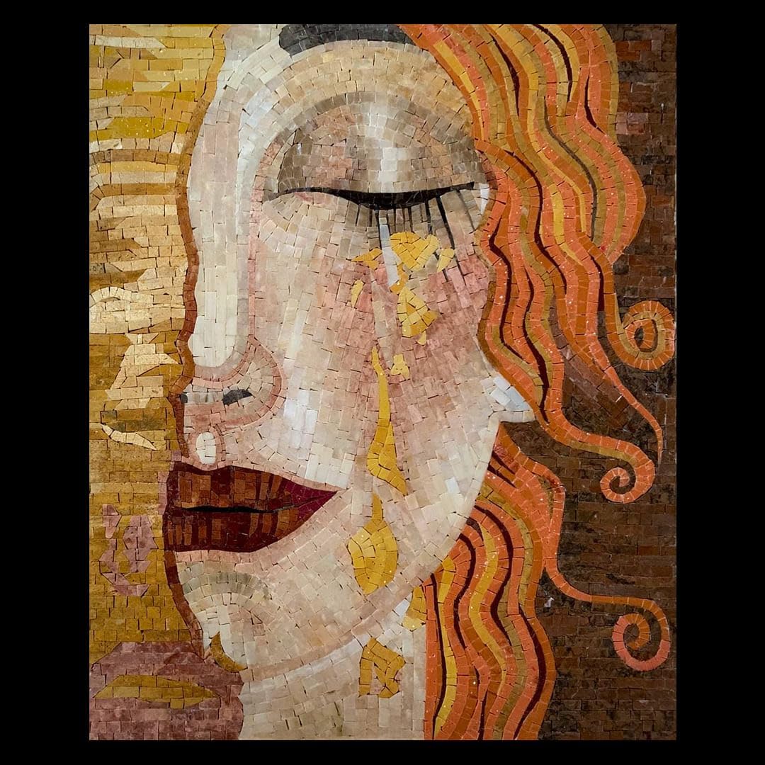 Handmade Golden Tears Marble Mosaic Wall Art, Abstract Tile Mosaic Artwork, Hand-Cut Natural Stone Contemporary Wall Décor