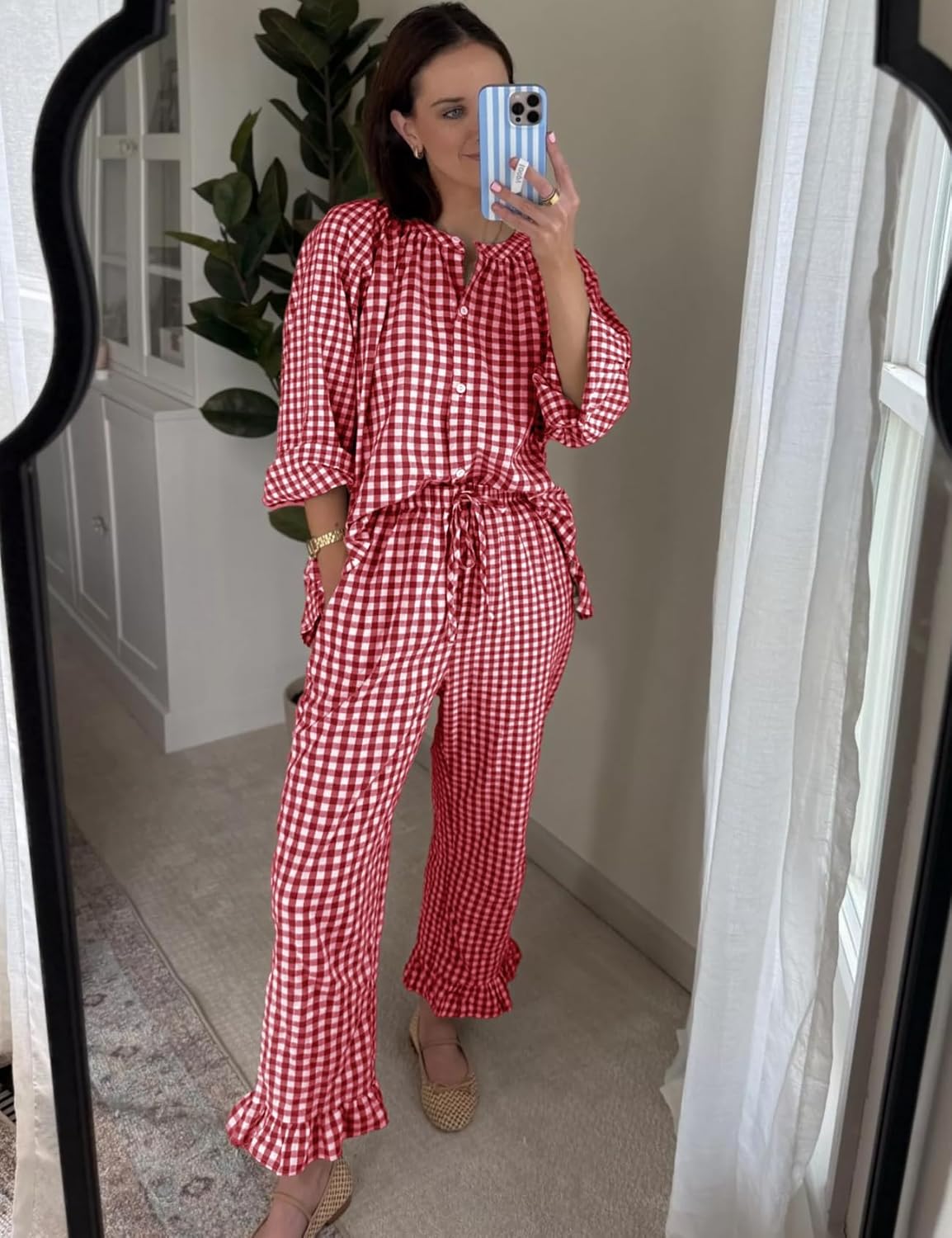 Flygo Womens Plaid Pajamas Sets 2 Piece Cotton Pj Set Puff Sleeve Ruffle Babydoll Shirt Gingham Pants Lounge Sets - Image 4