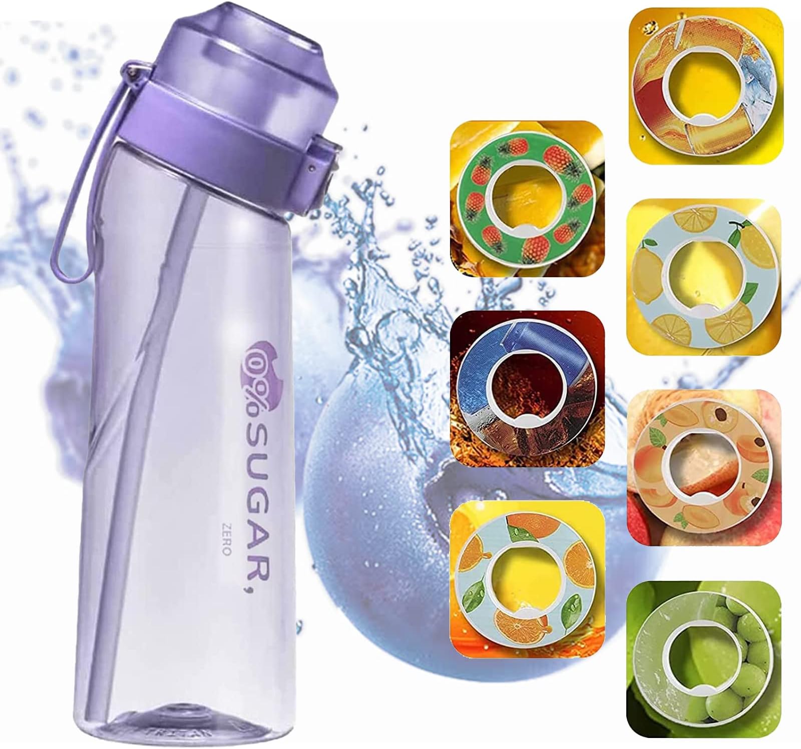 Moonsky 2023 New Fruit Fragrance Water Bottle | Scent Air Water Cup | flavor pods for water bottle | Sports Water Cup Suitable for Outdoor Sports (650ml purple+7 Rings)