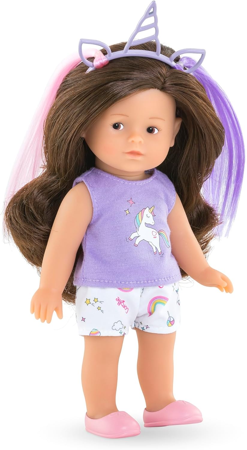 Corolle Mini Corolline Romy Unicorn Gift Set Includes 8" Doll and 3 Accessories - Shirt, Shorts and Headband with Hair Extensions, for Ages 3 Years and up
