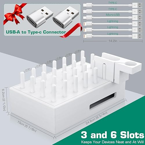 Miniatura 9 de Estación de carga de bambú para múltiples dispositivos con 7 puertos USB, 6 cables mixtos y soporte de reloj, estación de acoplamiento de escritorio