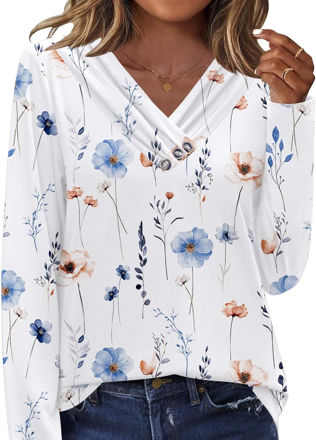 HOTOUCH Womens Fall Tunics Long Sleeve Tops Cross V Neck Shirts Loose Casual Blouses with Decor Button