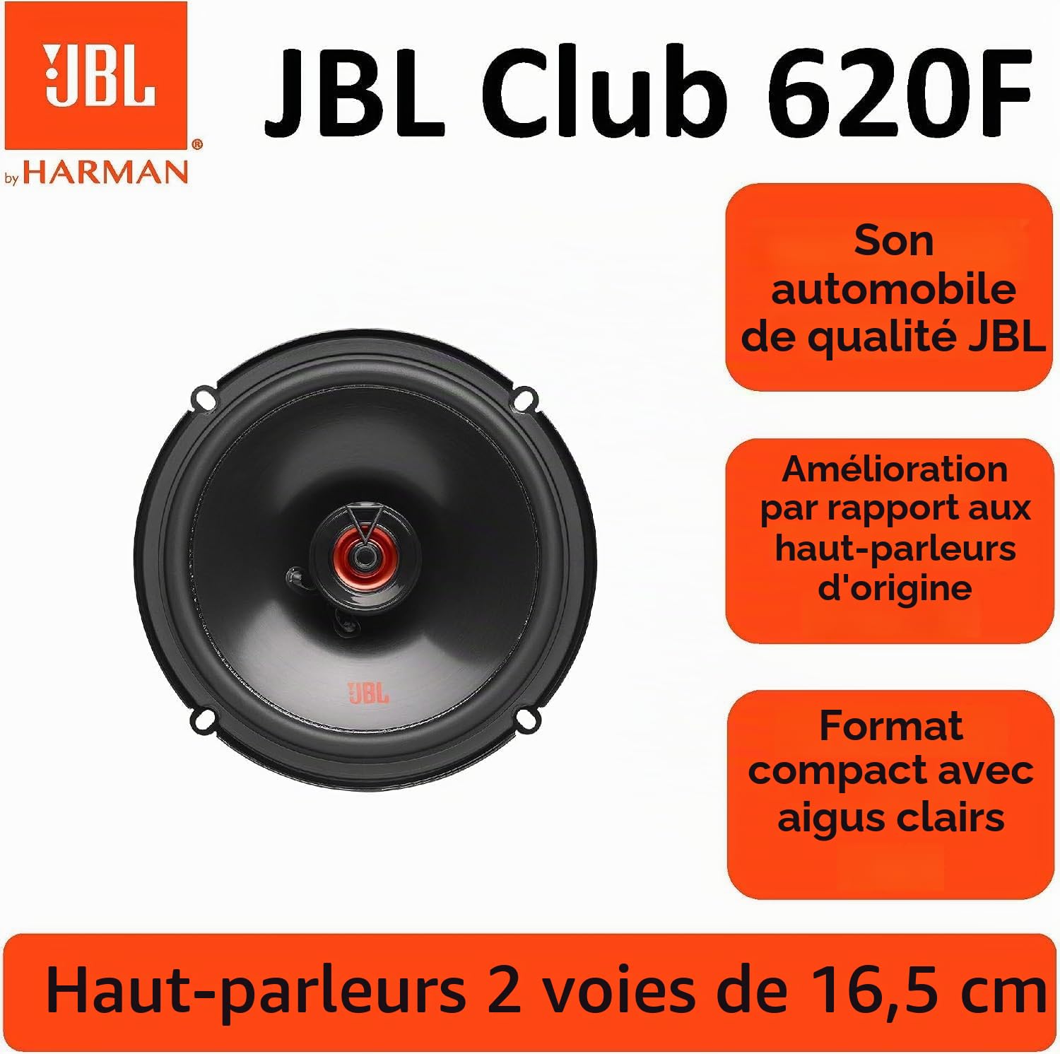 JBL Club 620F 6.5 in / 16.5 cm Haut-Parleur Coaxial Plat 2 Voies Voiture