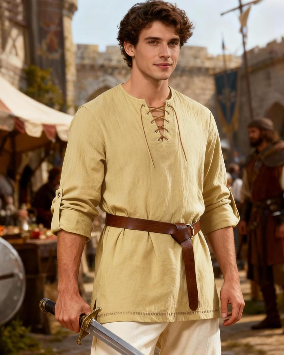 Mens Pirate Shirt Cotton Linen Long Sleeve Lace Up Renaissance Shirt Medieval Costume Men with Belt for Halloween - Image 5