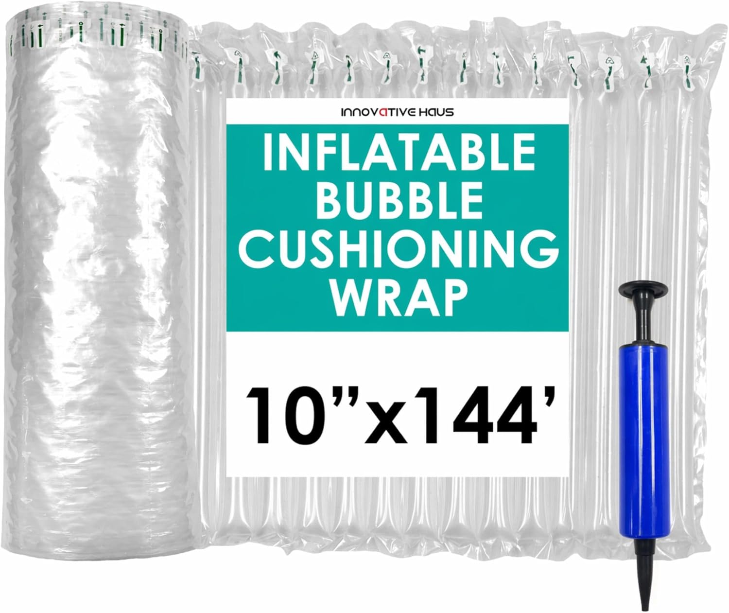 Innovative Haus 10 Inch x 144 Feet Inflatable Bubble Cushioning Wrap with Pump - Air Pillows for Shipping - Column Wrap for Heavy Duty Packing and Shipping Packaging