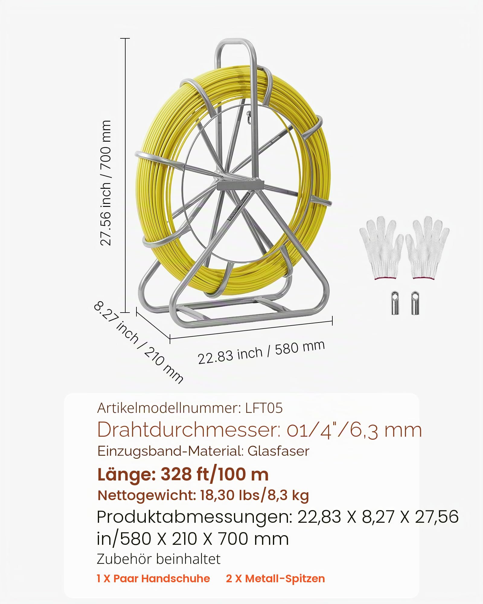 VEVOR Fiberglas Kabel Rad 100 m Ø6,3mm Glasfaserstab, Fischband mit Ständer, Kabeleinziehhilfe mit Markierungen, Kabeleinfädler, Kabelzieher für Wände & Elektroinstallationsrohre, Nichtleitend