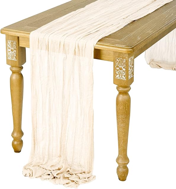 UIYIHIF 90 x 400CM Beige Cheesecloth Table Runner Bulk Long Rustic Gauze Table Runner, Romantic Semi-Sheer Fabric Table Cloth for Boho Wedding Arbor Decor Bridal Shower