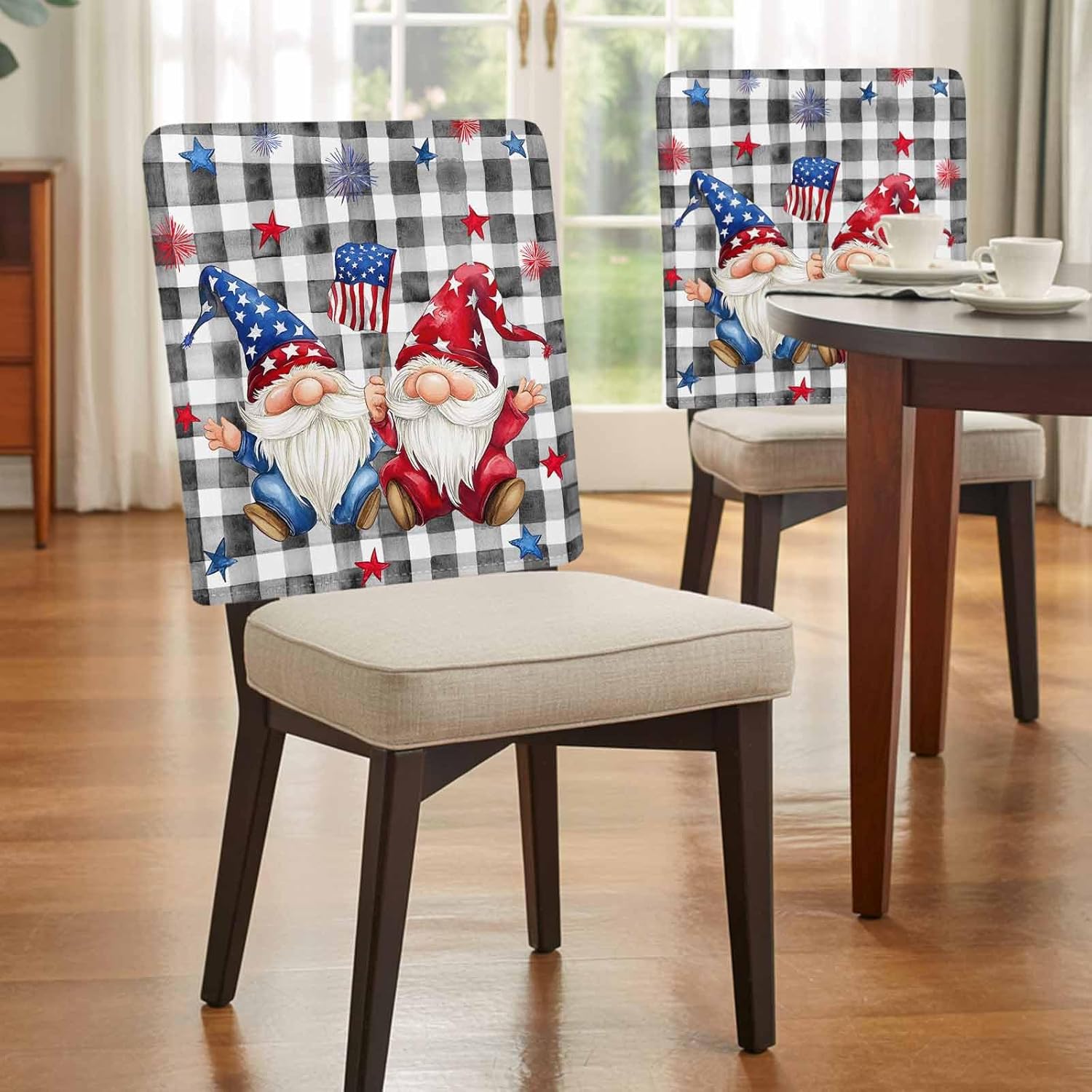 4th of July Gnomes Chair Back Covers Set of 4, Dining Back Chair Cover Removable Washable Back Slipcovers, Star Independence Day Black Plaid Kitchen ChairProtector for Wedding Party Housewarming