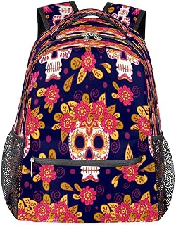 Mochila escolar durável para faculdade, estampa de flores de caveira, resistente à água, mochila casual para mulheres e homens, mochila para laptop campus para viagens, negócios, caminhadas, Multicor, Large
