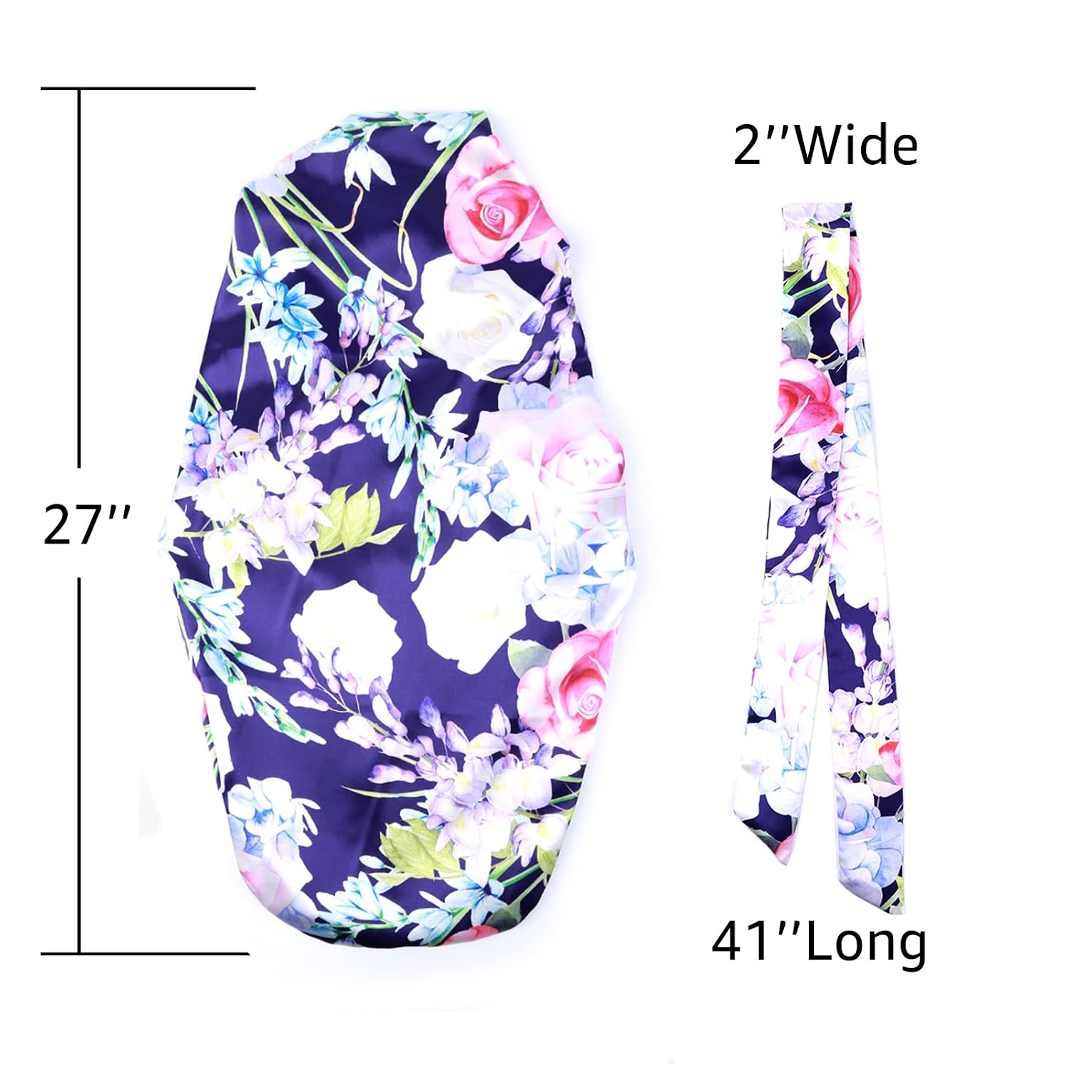 Extra Long Satin Bonnet for Women Sleeping, Silky Elastic Sleep Cap with Tie Band, Double-Layer Long Hair Bonnet for Braids/Curly/Long Hair (Purple Floral)