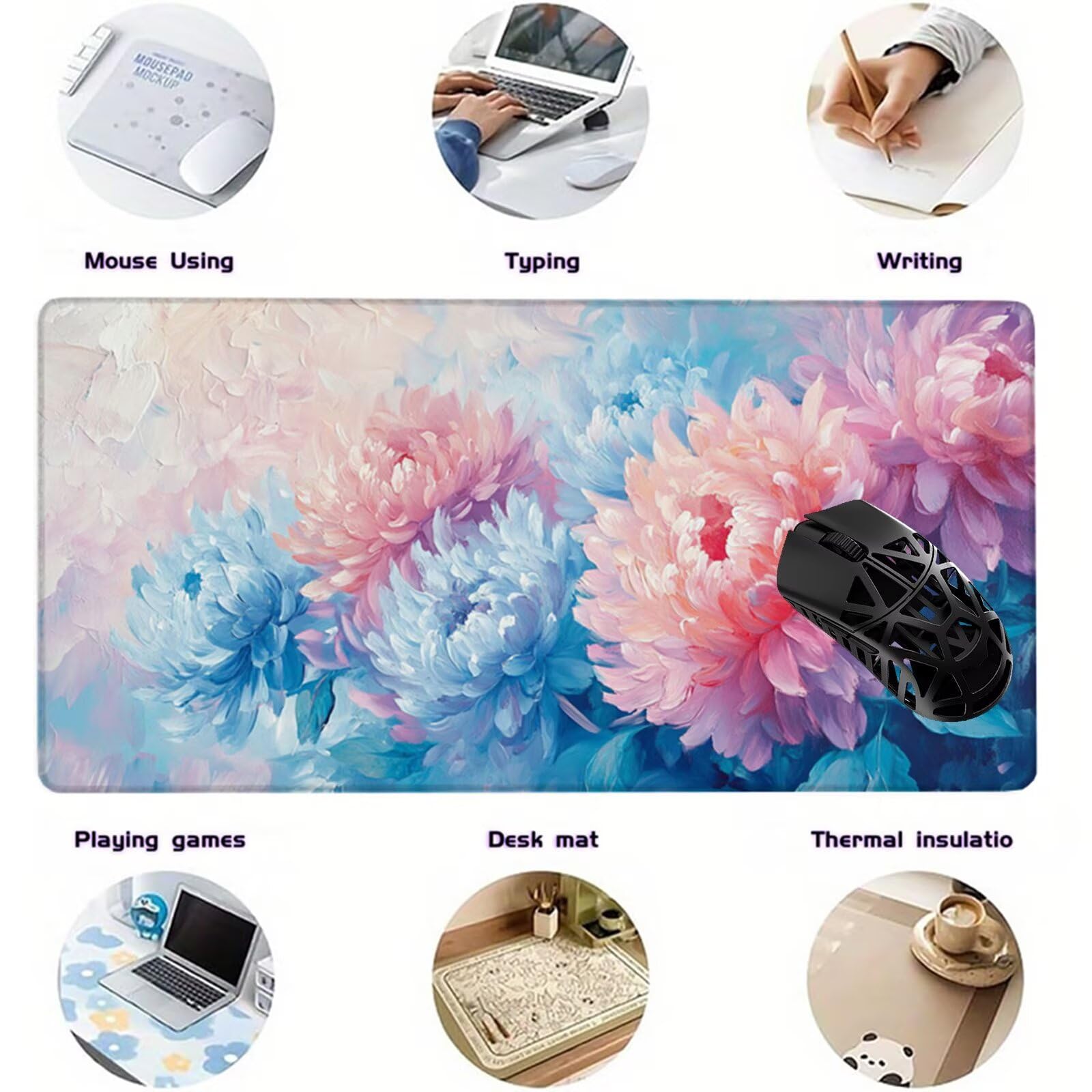 Grand Tapis de Souris Gamer 1600x800mm,Tapis de Souris Chrysanthème Tapis de Souris Gaming,Tapis Souris Rose Tapis Bureau Antidérapant Imperméable,Mouse Pad Bords Cousus,Accessoire Gaming X1-296