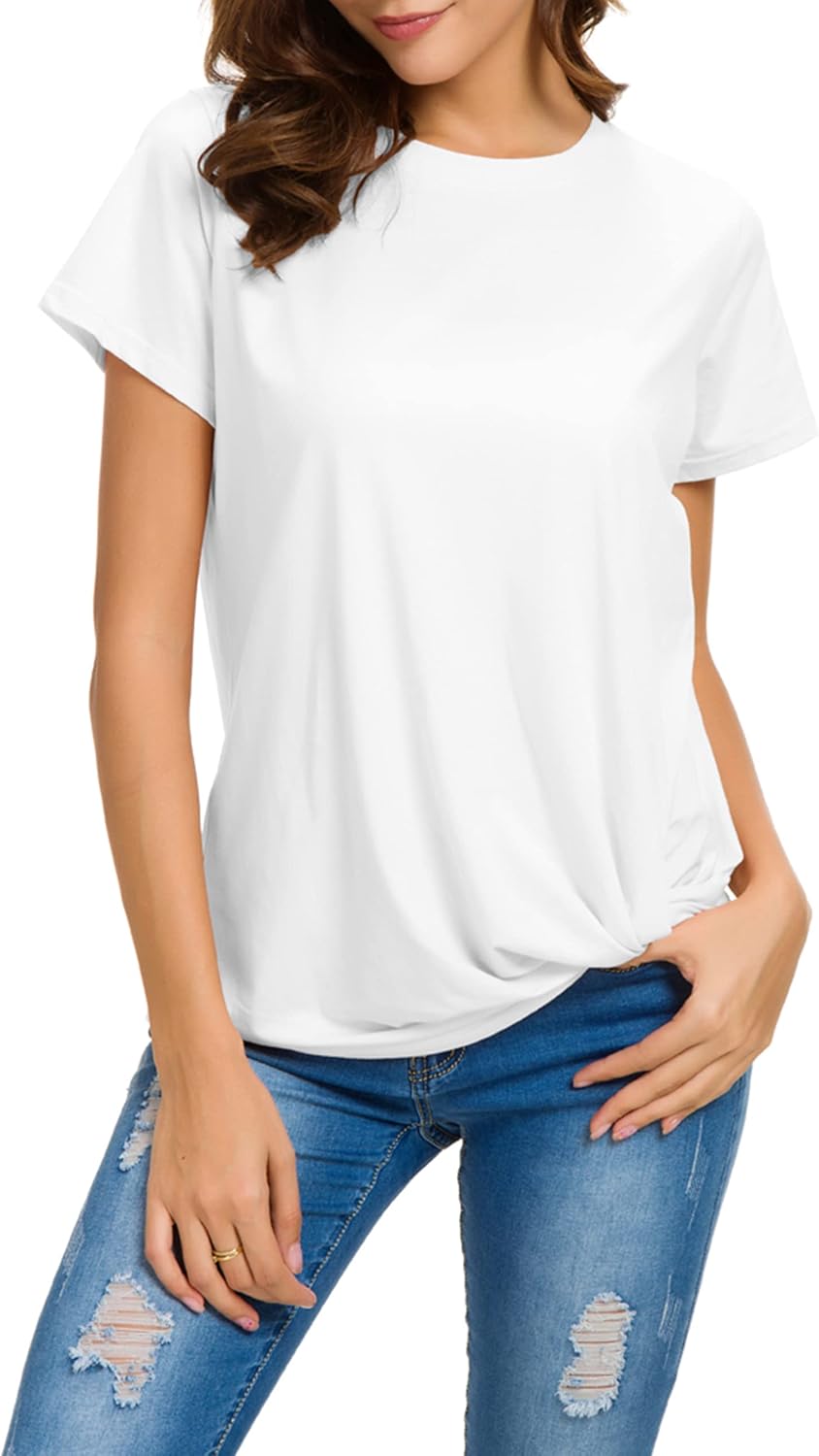 MSHING Women's Casual Round Neck Short Sleeve Tie Up T-Shirt Blouse Comfortable Cotton Basic Tops - Image 2