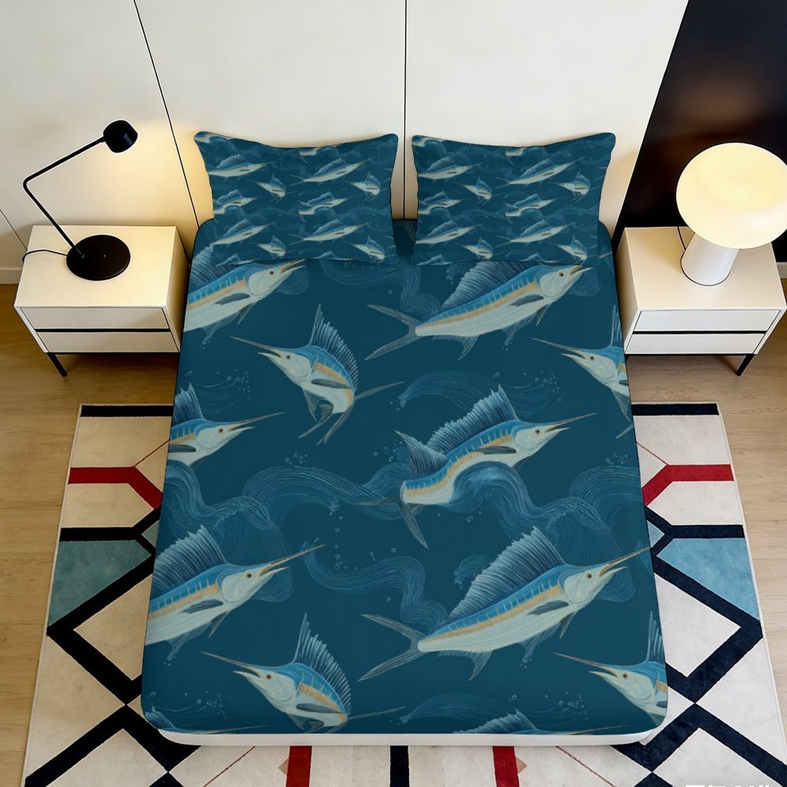 3D Printed Marlin Ocean Fitted Sheet Microfiber Anti-Slip Mattress Cover Bedroom Decor Machine Washable 90x200x25cm