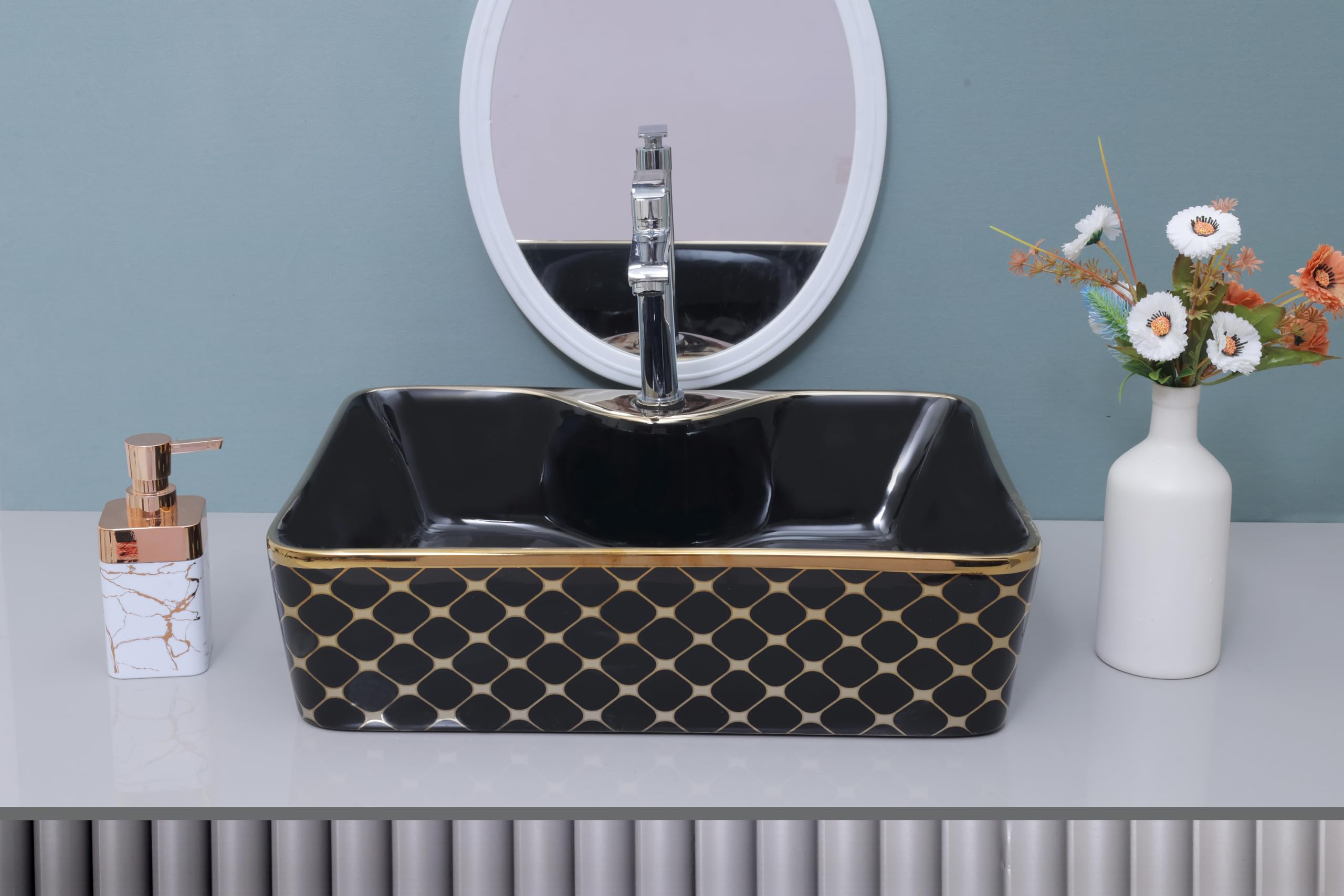HISRE Ceramic Tabletop Wash Basin (19 x 14 x 5 Inch), Luxrious Glossy Rectangle Wash Basin, European Style Designer Counter Top Vessel Sink for Bathroom & Living Room (Model - G1112), photo 2 of 3