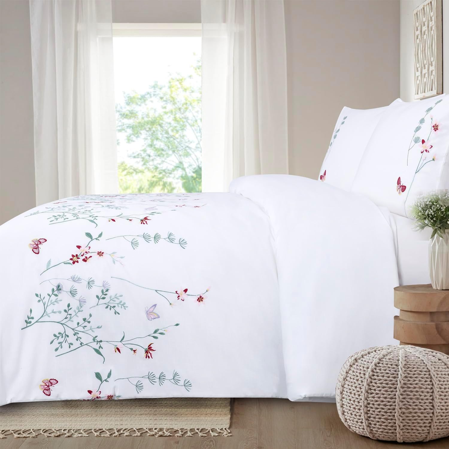 YINFUNG Floral Duvet Cover Set Embroidered Pink White Queen Cotton Flower Spring Girls French Country Cottagecore Aesthetic Bedding Set Shabby Chic Green Leaves Butterfly