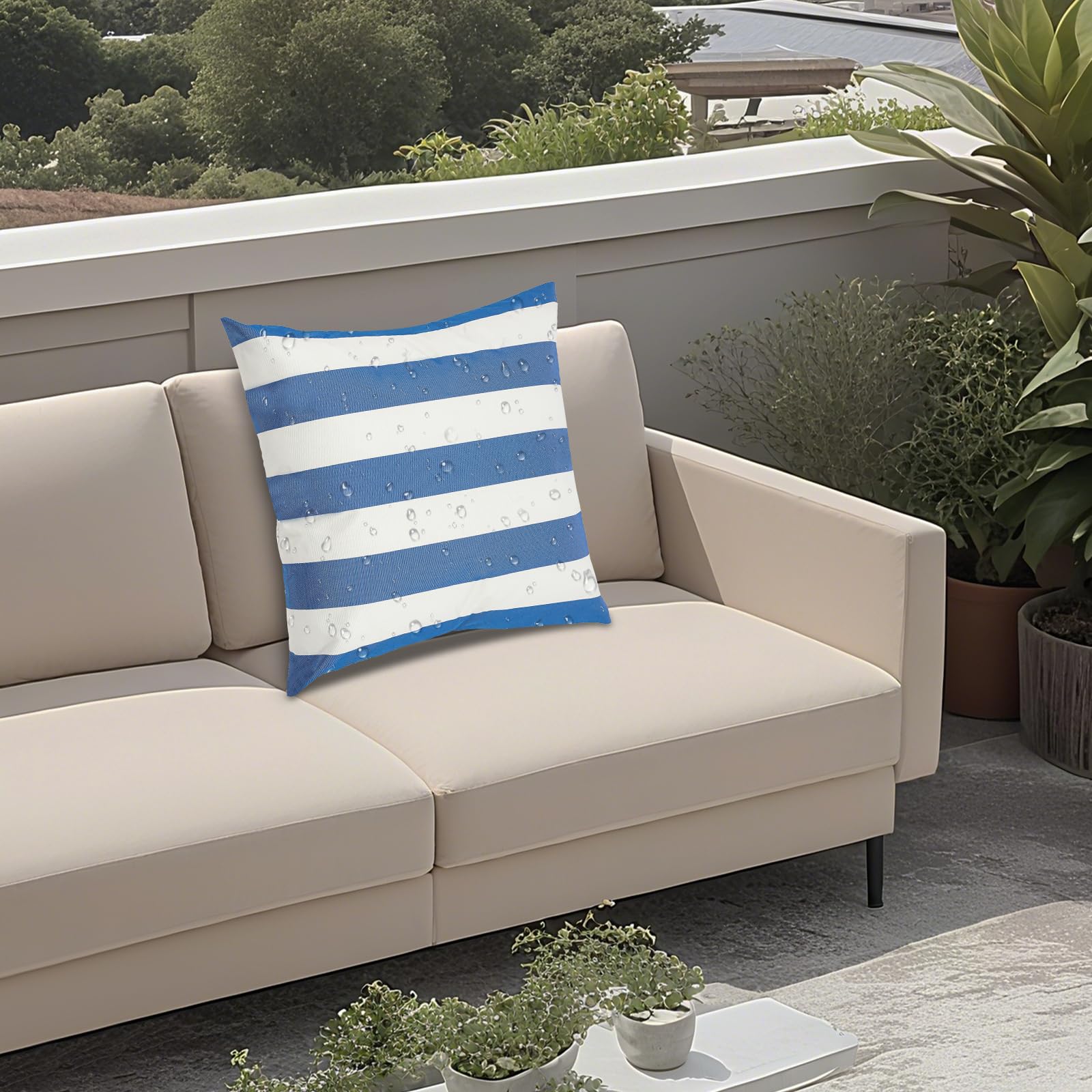 Outdoor Kissen wasserdichte Kissenfüllung Sofakissen 45x45cm, Streifenmuster, Unsichtbarer Reißverschluss für Garten, Balkon, Sofa und Strand (Blau, Weiß)