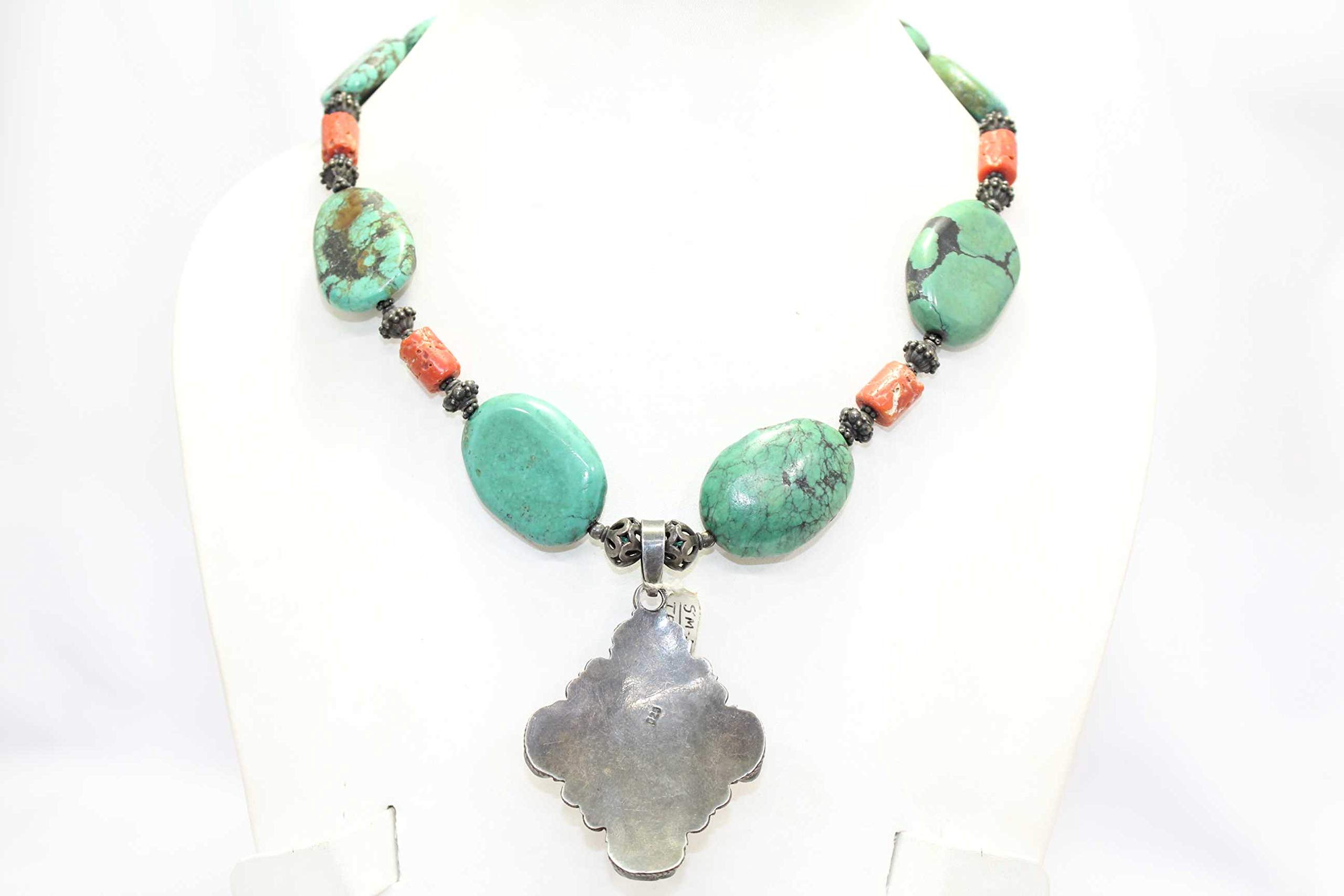 Rajasthan Gems - Collana tibetana fatta a mano, in argento Sterling, giada naturale, turchese e pietra corallo B