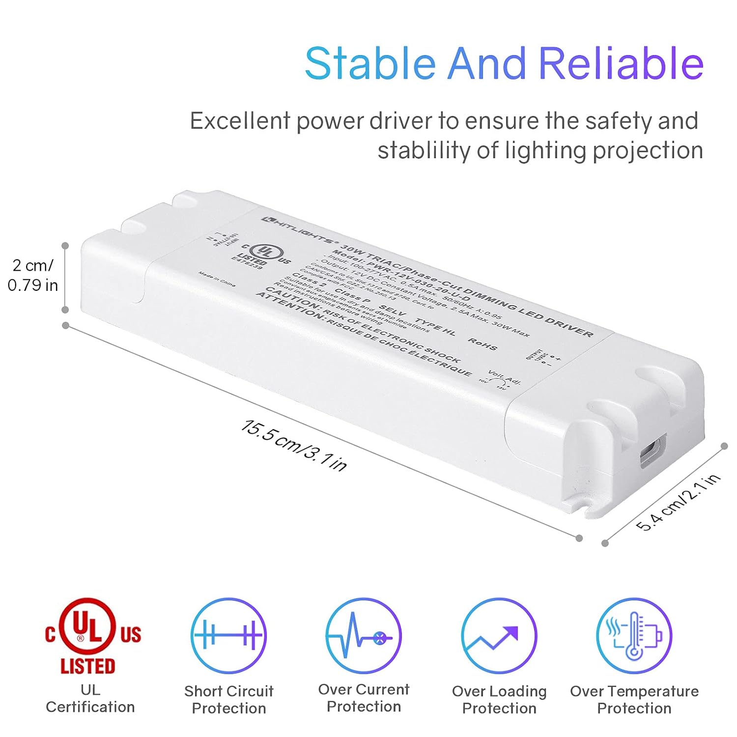HitLights 30W Dimmable LED Driver, 120V AC to 12V DC, Low Voltage Transformer for Strip Lights, LED Lighting Projects, Compatible with Lutron & Leviton dimmers, ETL Listed (Removable AC Cord Included)
