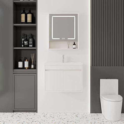 Miniatura 248 de Tocador de baño de 20 pulgadas con lavabo de cerámica, tocador de baño pequeño montado en la pared con puerta de cierre suave, gabinete flotante
