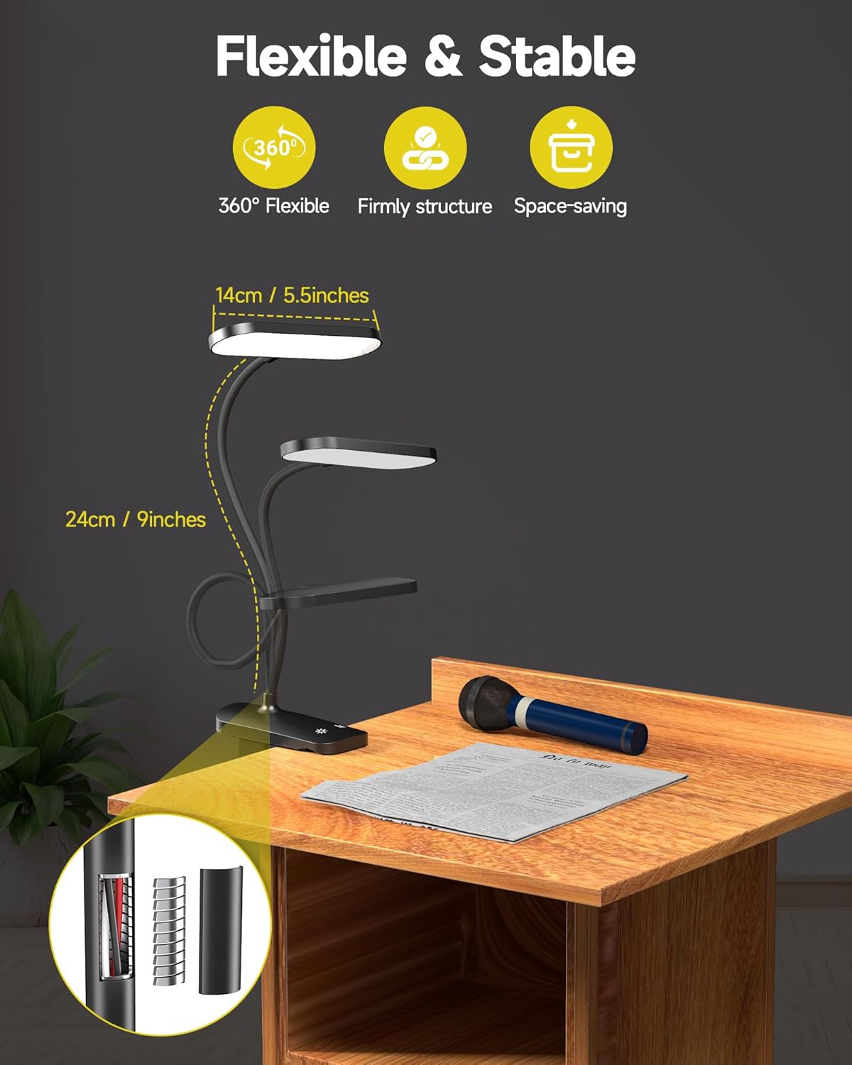 CUHIOY Desk Lamp Clip on Reading Light, USB-C Battery-Operated Rechargeable Table Lamps with Clamp for Dorm Home Office, 38LEDs Bed Headboard Light, 5 Colors 5 Brightness, Flexible Gooseneck (Black)