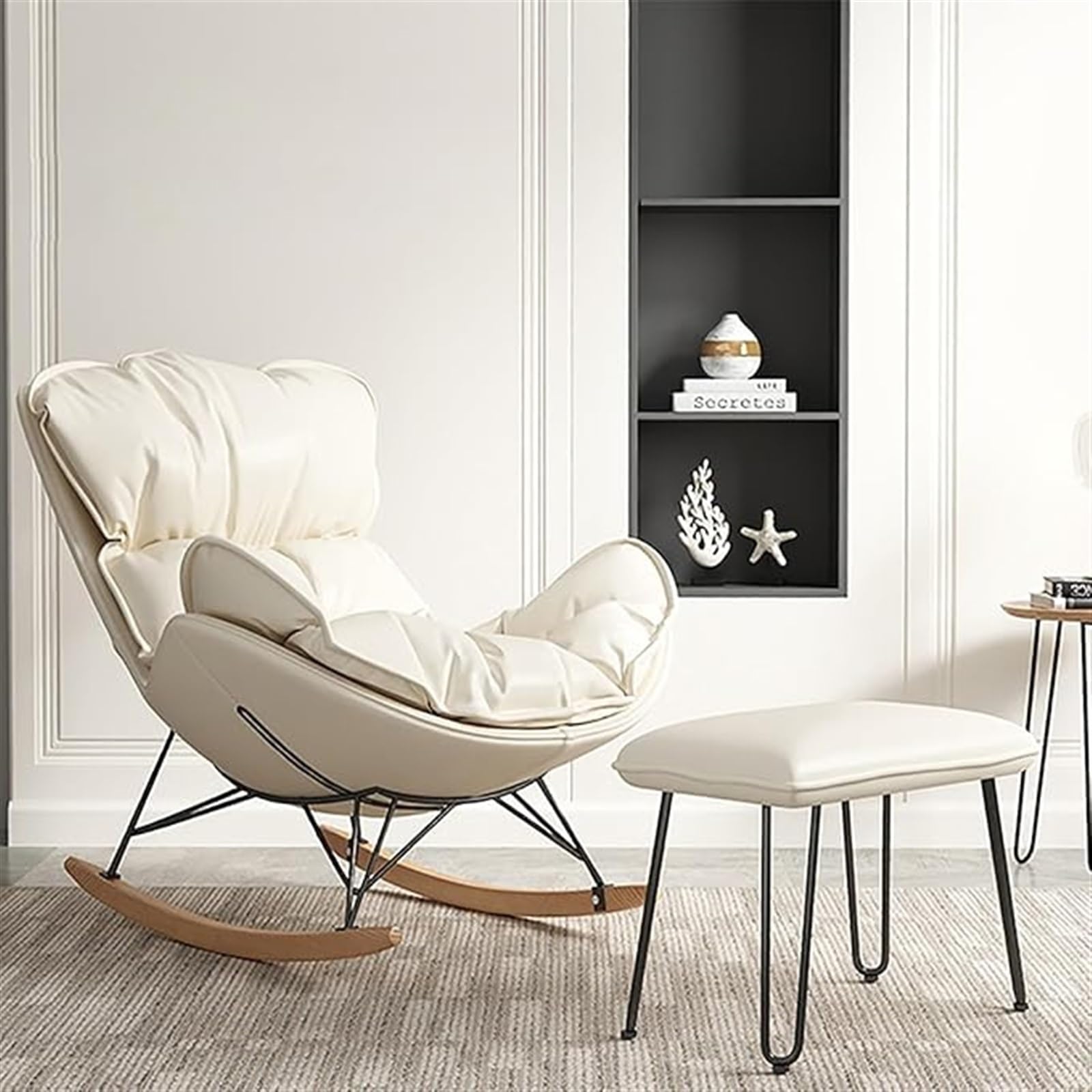 Moderna sedia a dondolo con poggiapiedi e comoda sedia reclinabile per il tempo libero per adulti Lazy Home divano singolo extra large dimensioni per balcone e area salotto, colore bianco sporco