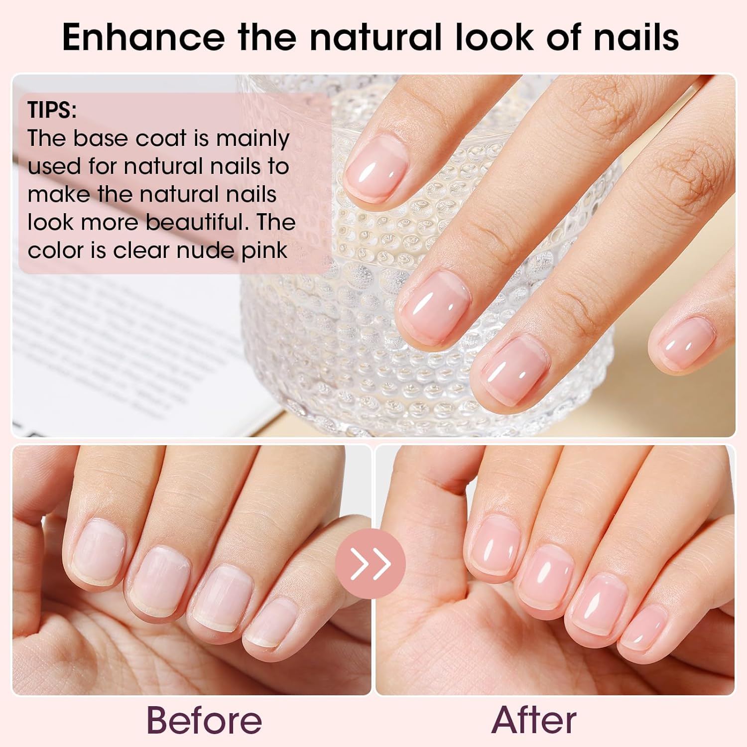 GELLEN 4?in?1 Clear Nail Polish Base Coat Sheer Tinted Natural Pink, Ridge Filler, Nail Strengthener & Concealer, Calcium Formula Strengthens Nails, Enhances Natural Look, No HEMA, Anti-yellowing A02-Base Coat Clear Tinted Natural Pink
